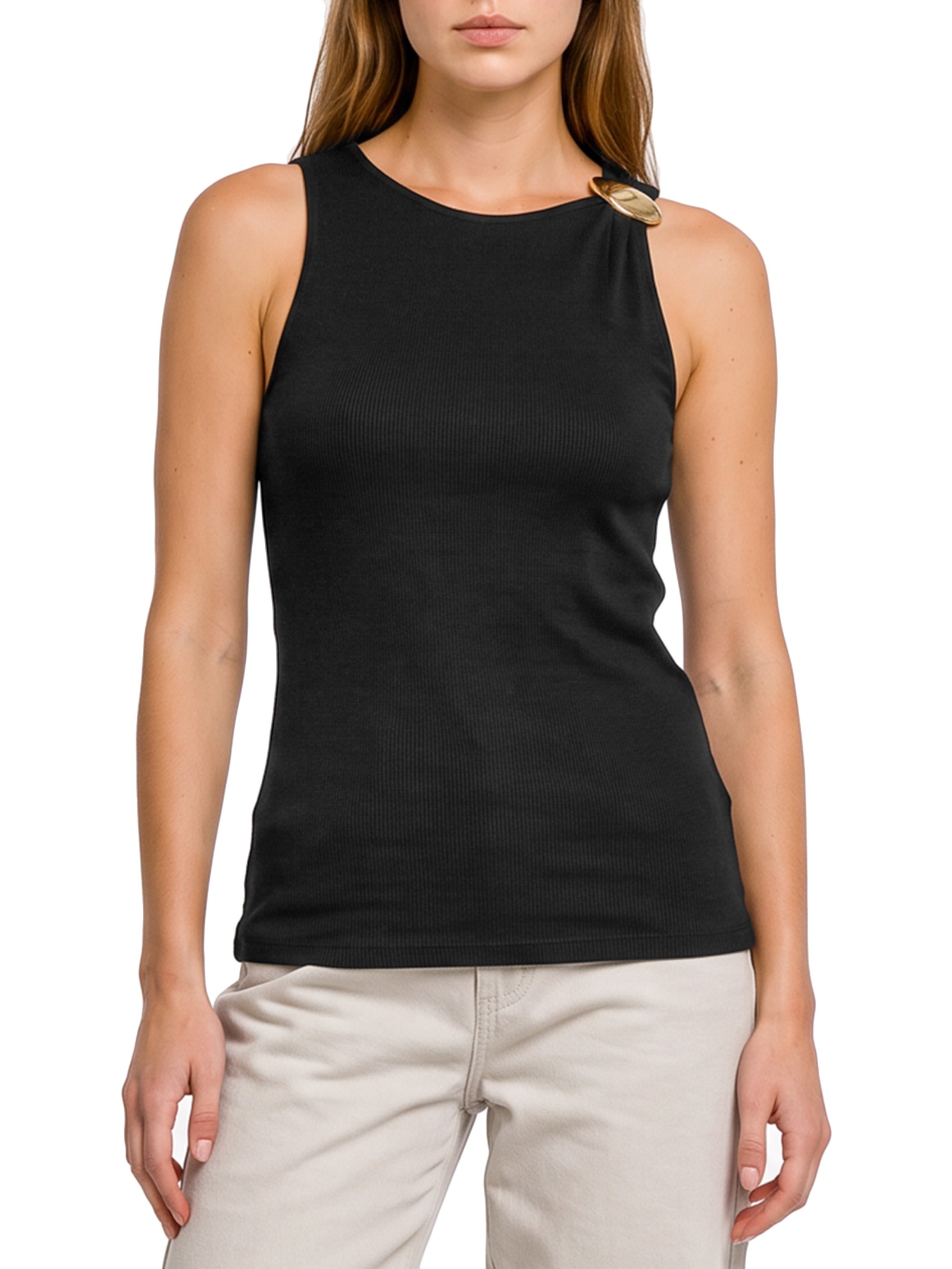 Blusa Feminina Canelada Com Metal Preto Lança Perfume