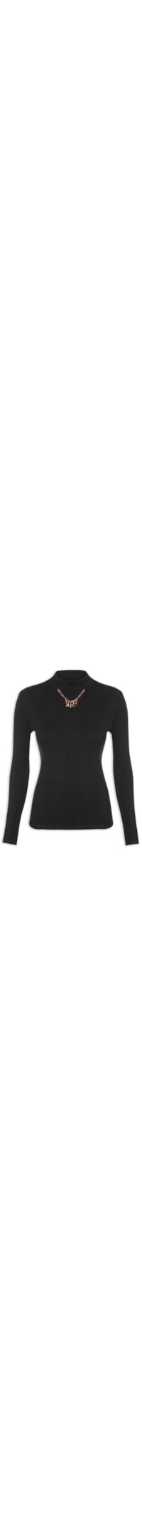 Blusa Feminina Canelada Gola Alta Com Aplicação - Preto