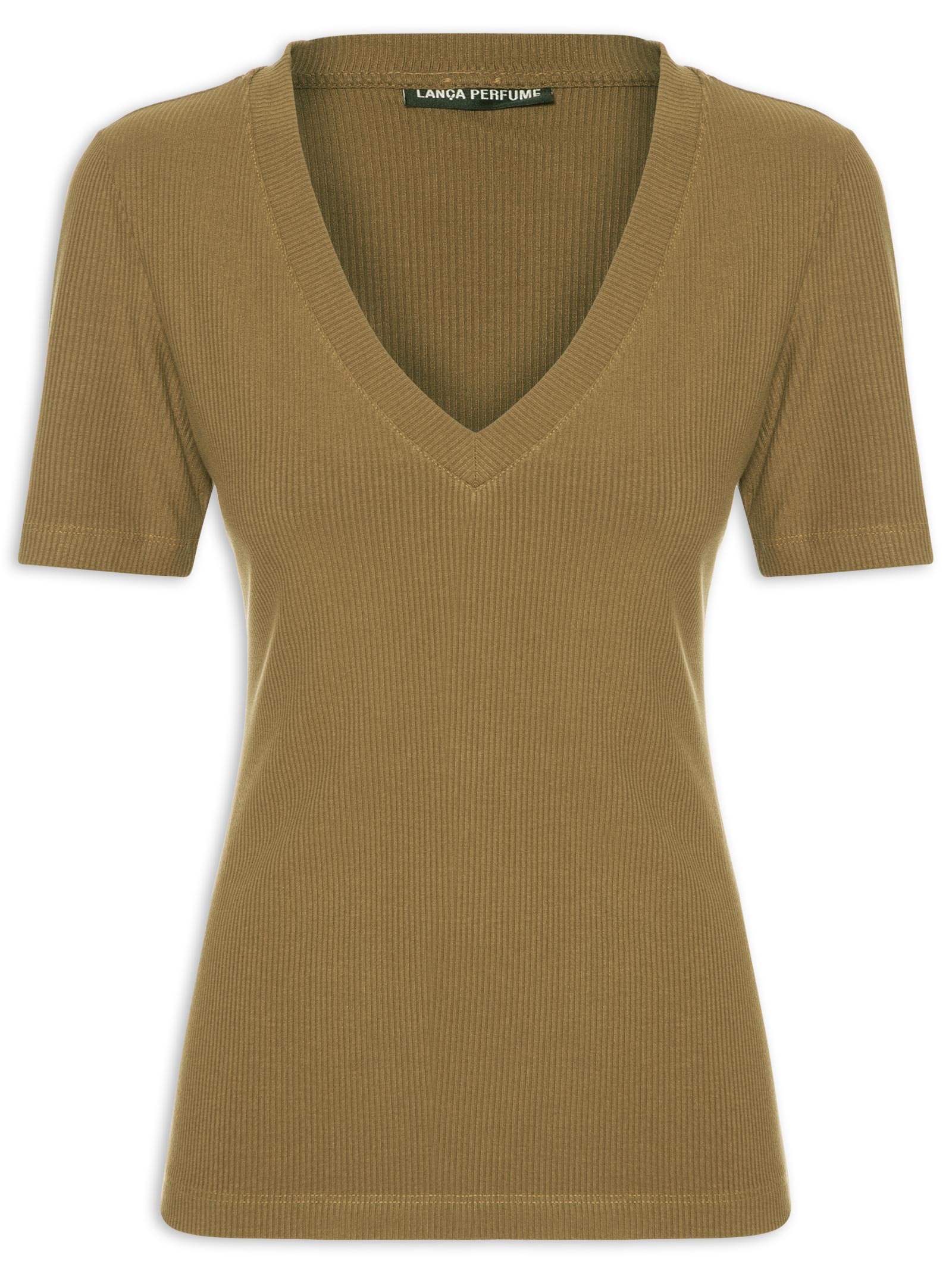 Blusa Feminina Canelada Manga Curta Decote V Marrom Lança Perfume