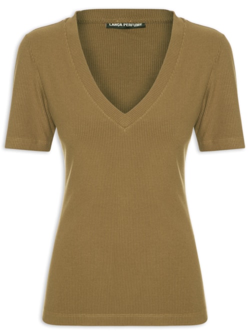 Blusa Feminina Canelada Manga Curta Decote V – Marrom