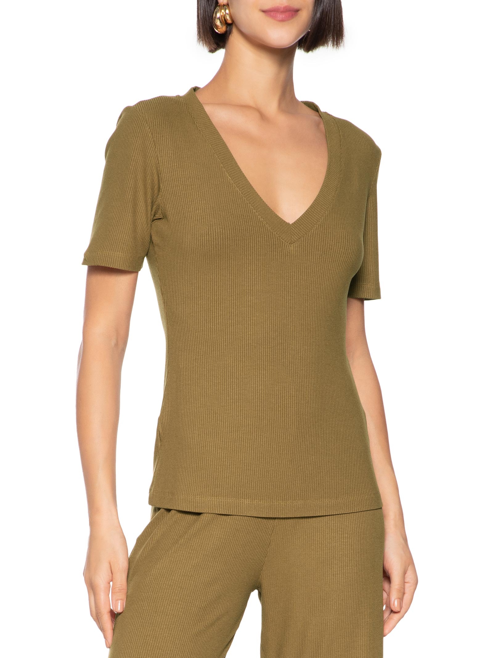 Blusa Feminina Canelada Manga Curta Decote V Marrom Lança Perfume