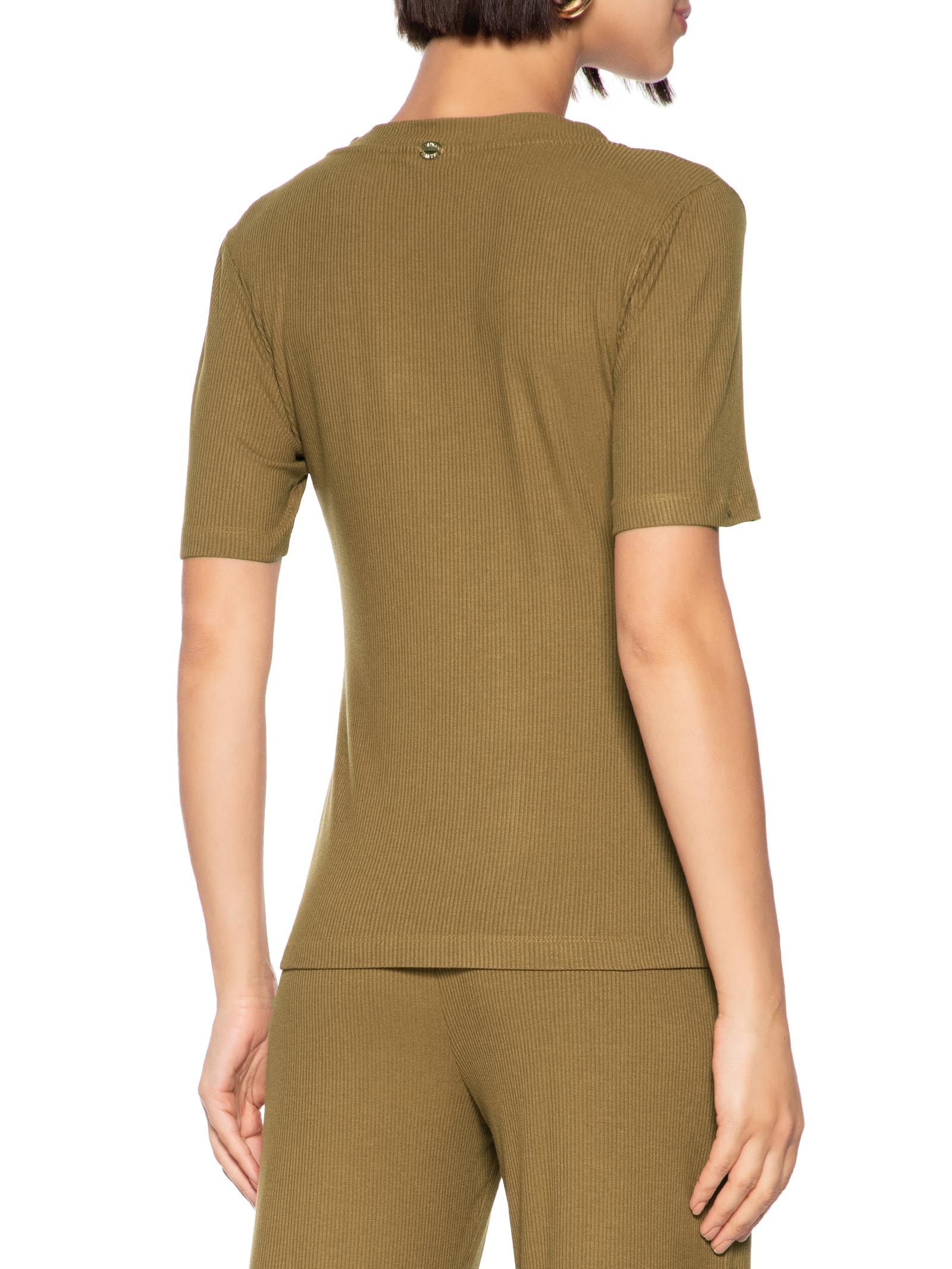 Blusa Feminina Canelada Manga Curta Decote V Marrom Lança Perfume