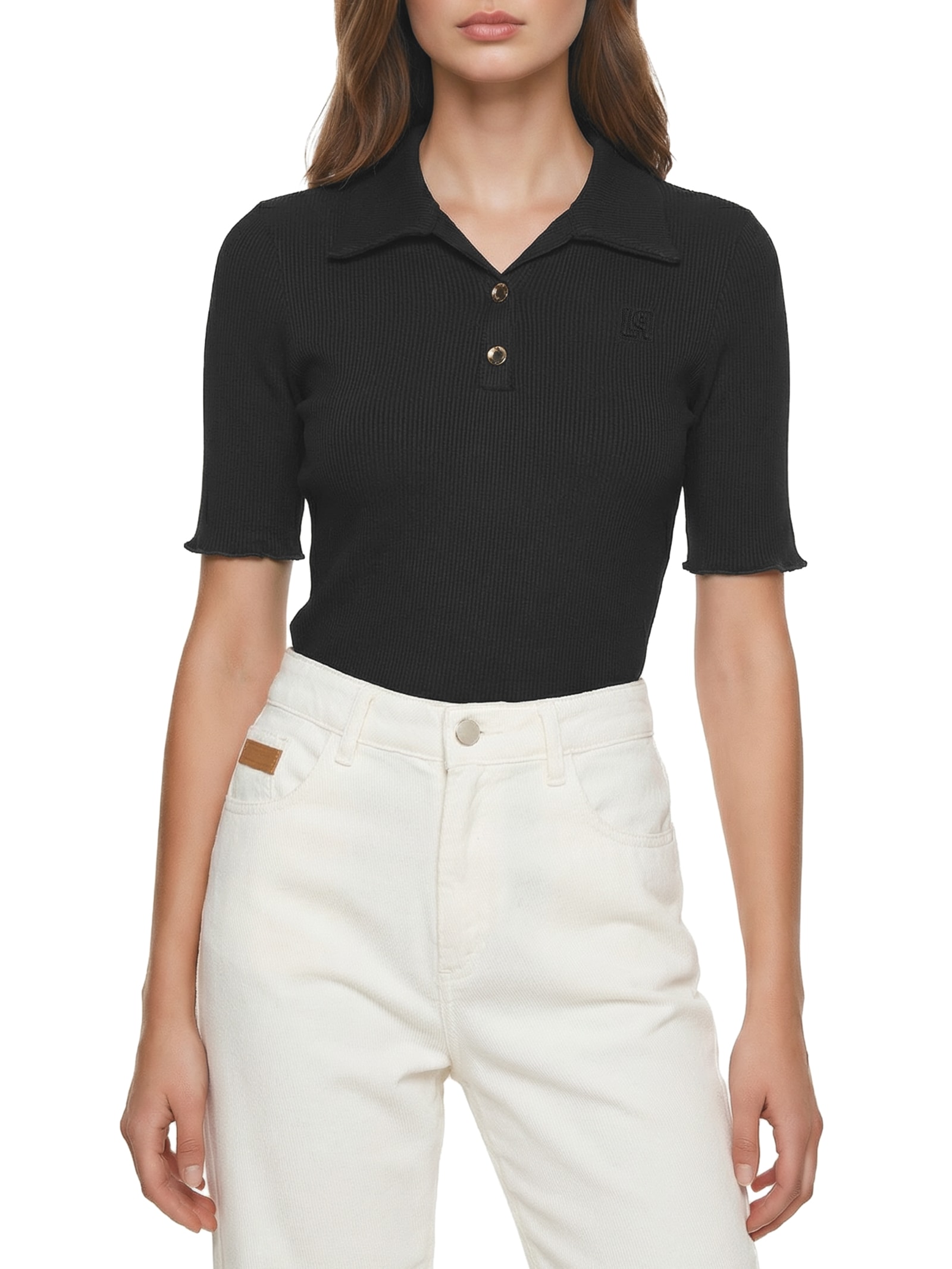 Blusa Feminina Canelada Manga Curta Preto Lança Perfume