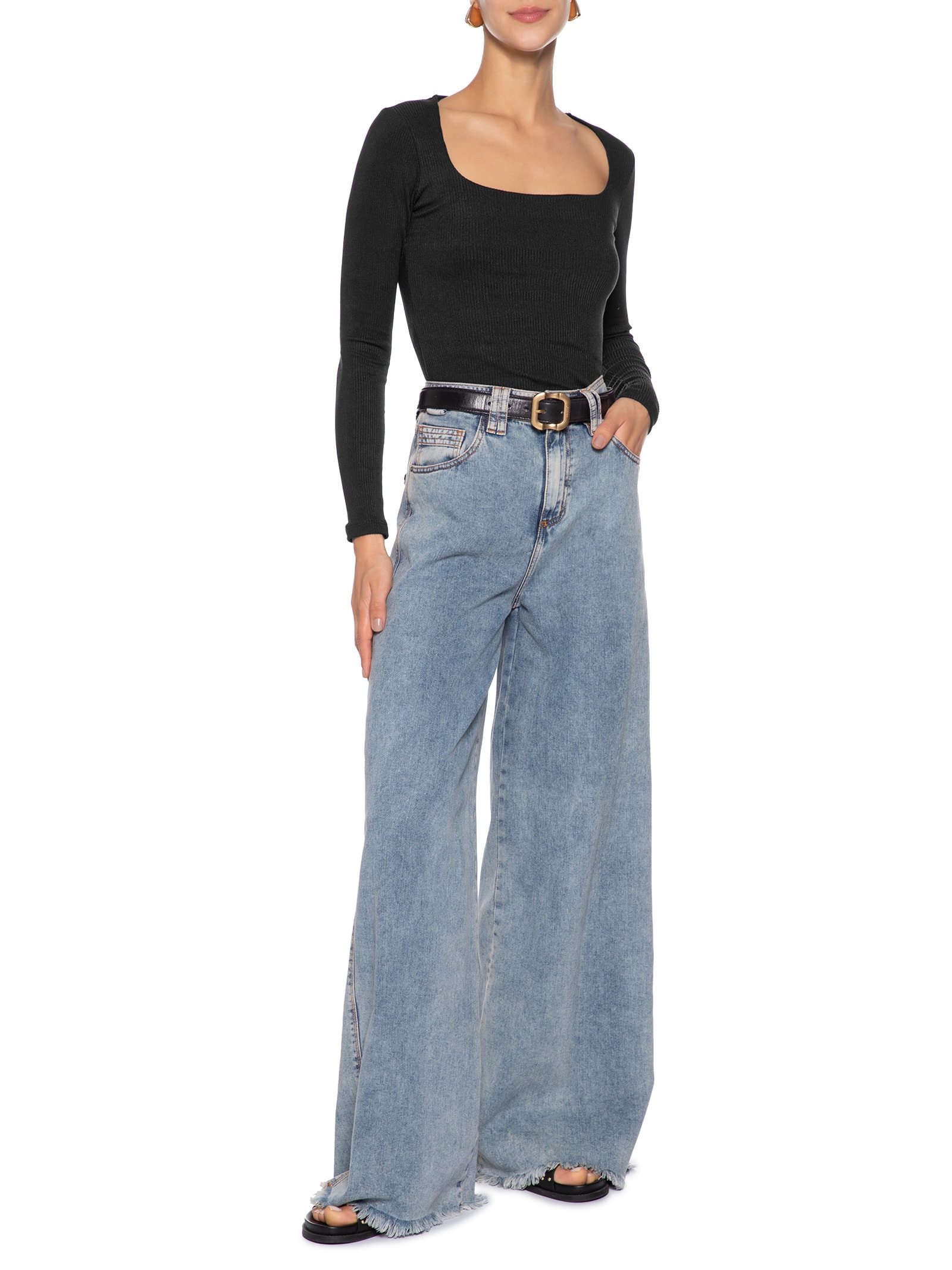 Blusa Feminina Canelada Manga Longa Preto Basiq