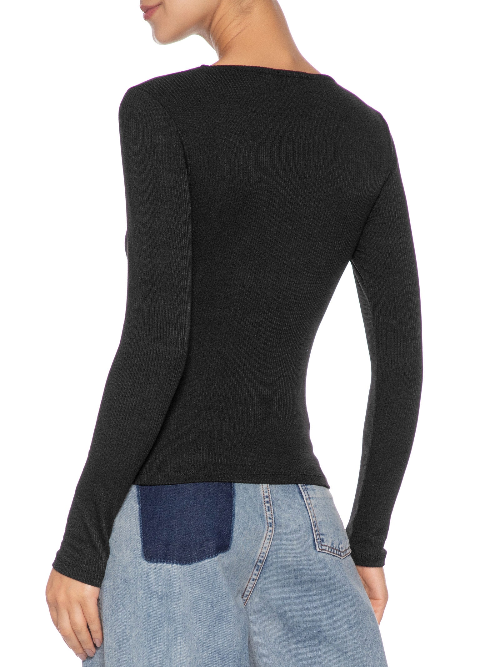 Blusa Feminina Canelada Manga Longa Preto Basiq