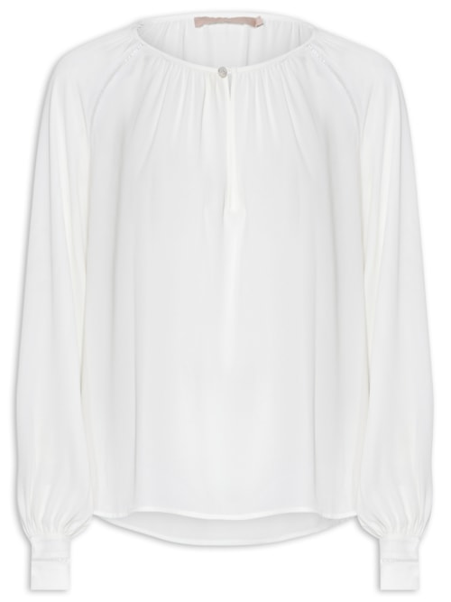 Blusa Feminina Chiffon Manga Longa Detalhe Entremeio – Branco