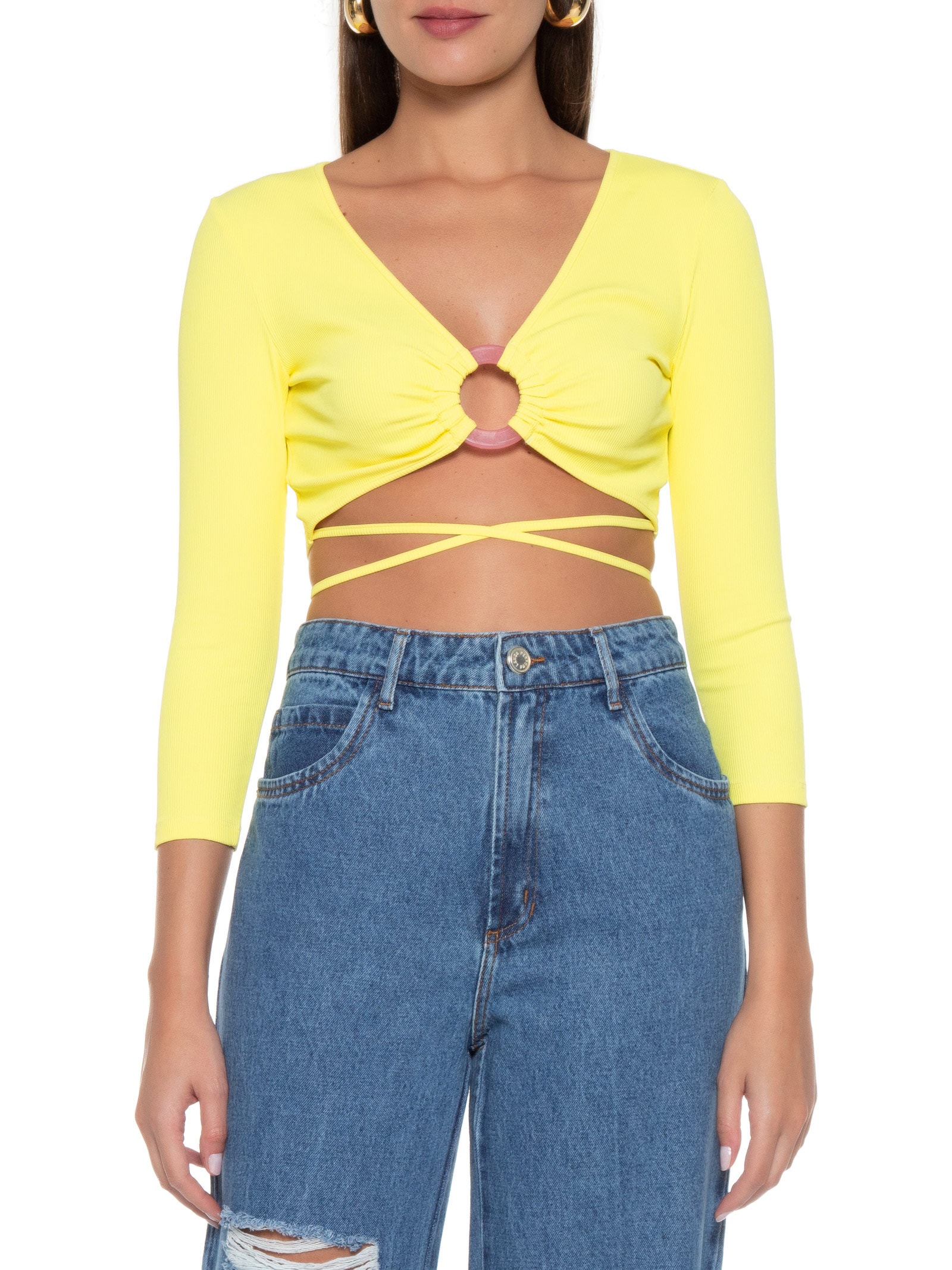 Blusa Feminina Com Amarração Cropped Amarelo Lança Perfume