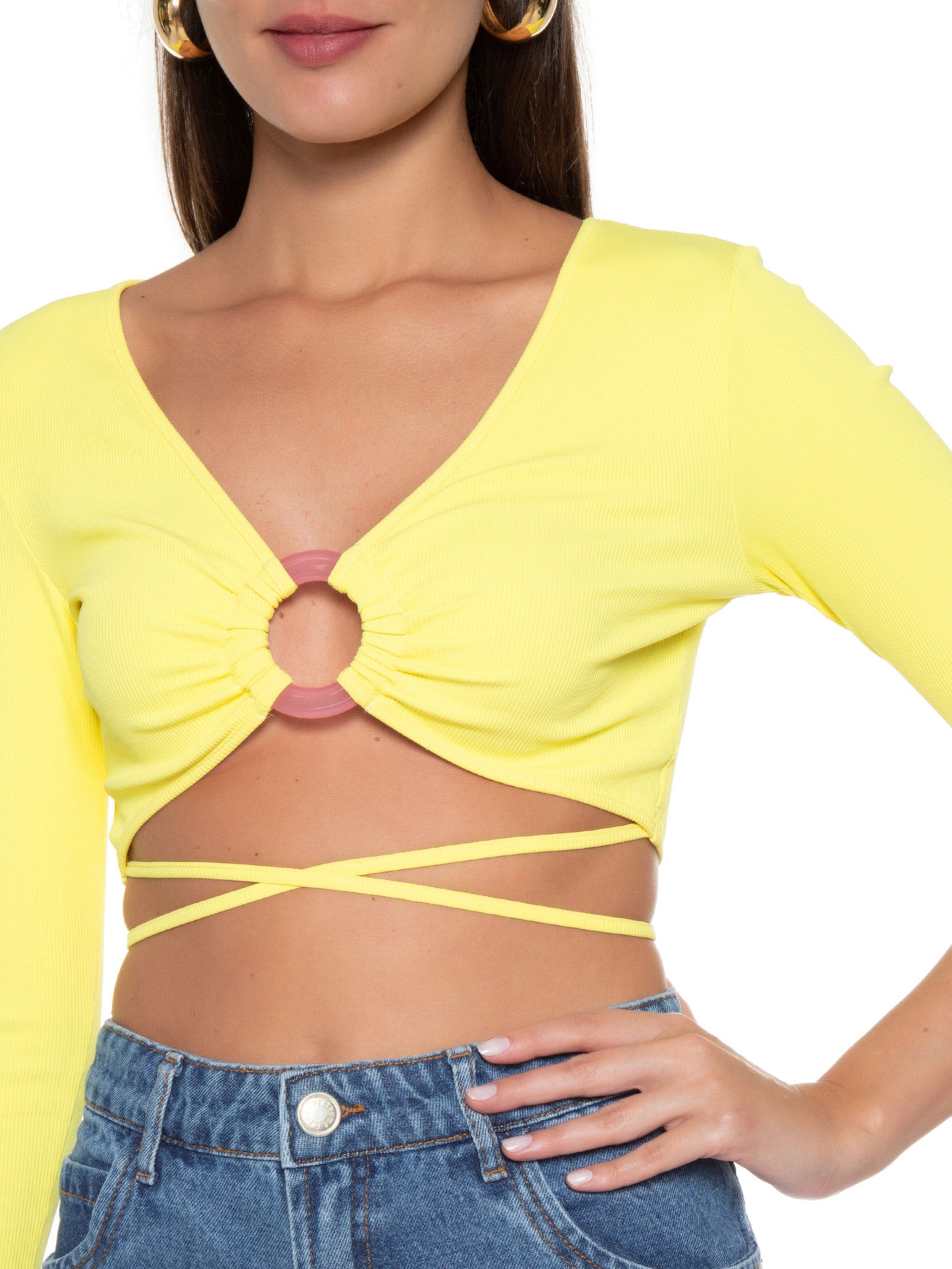 Blusa Feminina Com Amarração Cropped Amarelo Lança Perfume