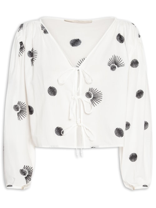 Blusa Feminina Com Amarração E Bordado Poá – Branco