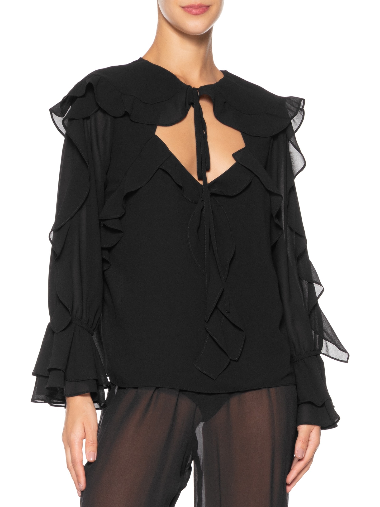 Blusa Feminina Com Babados Em Chiffon Preto '2Essential