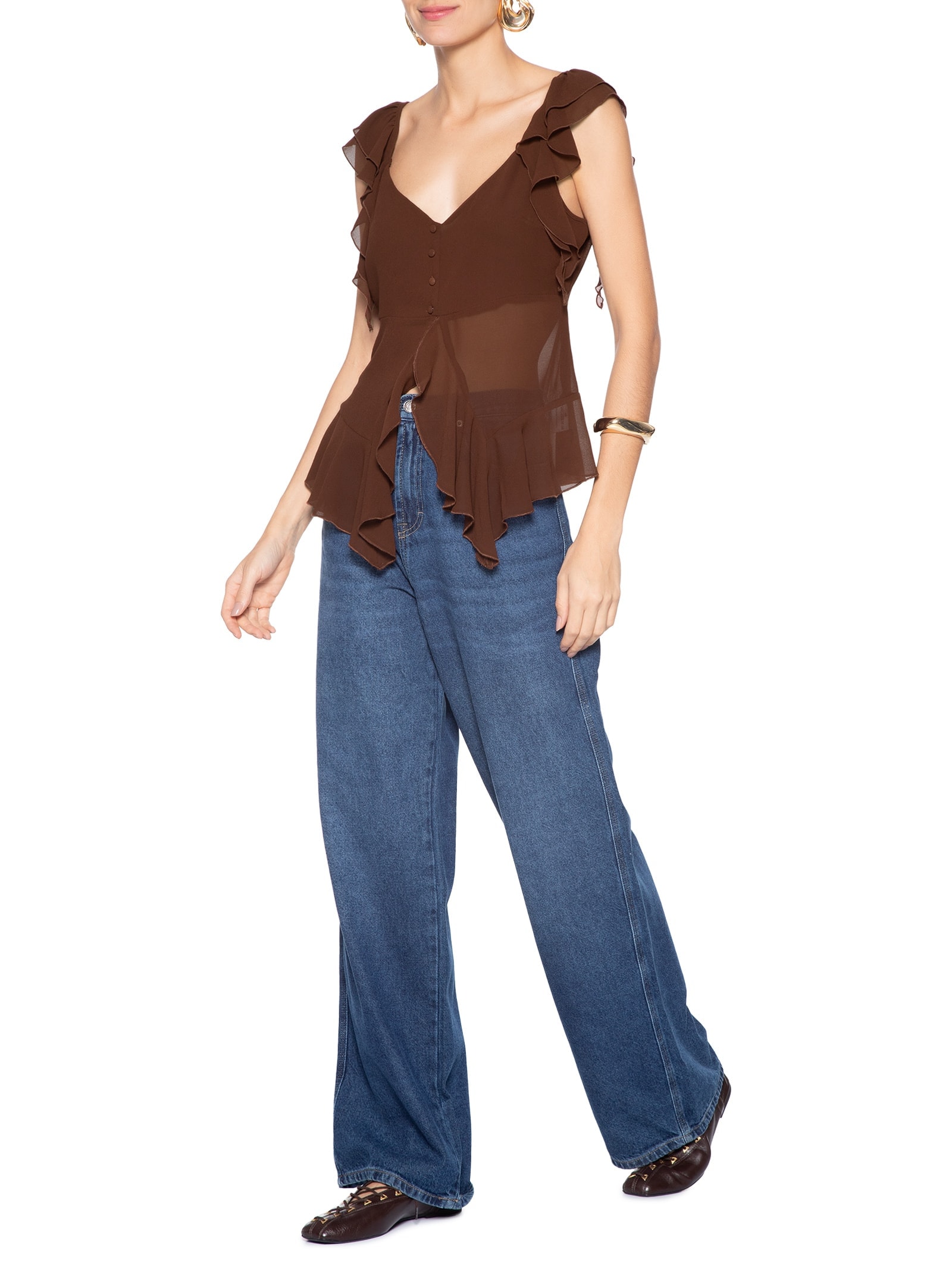 Blusa Feminina Com Babados Marrom Market 33