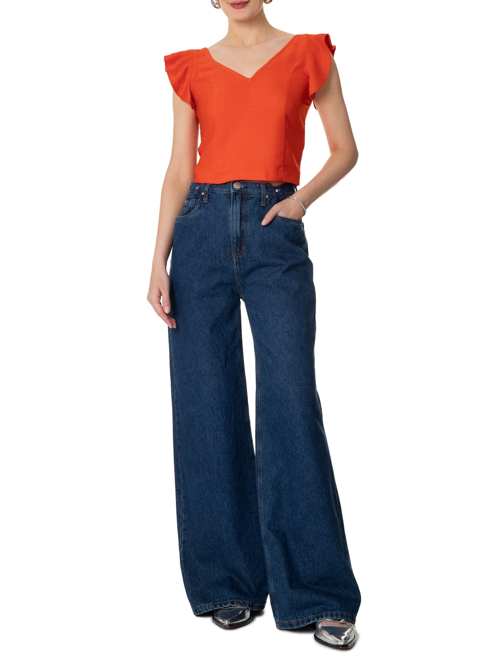 Blusa Feminina Com Babados No Ombro Laranja '2Essential