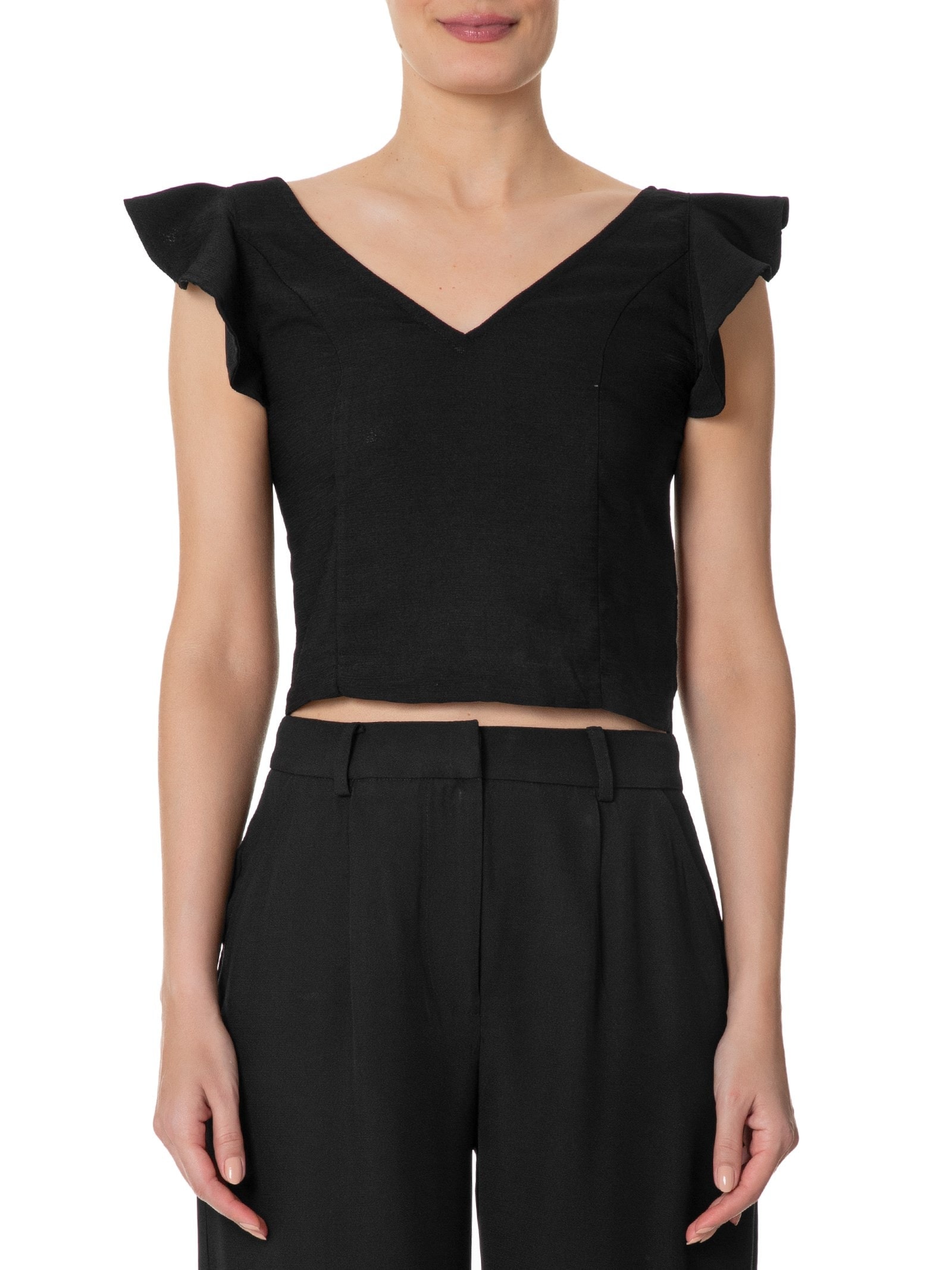 Blusa Feminina Com Babados No Ombro Preto '2Essential