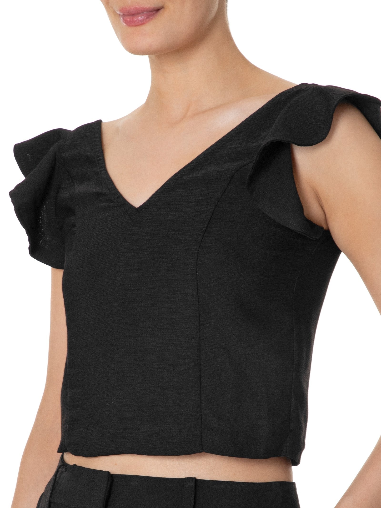 Blusa Feminina Com Babados No Ombro Preto '2Essential