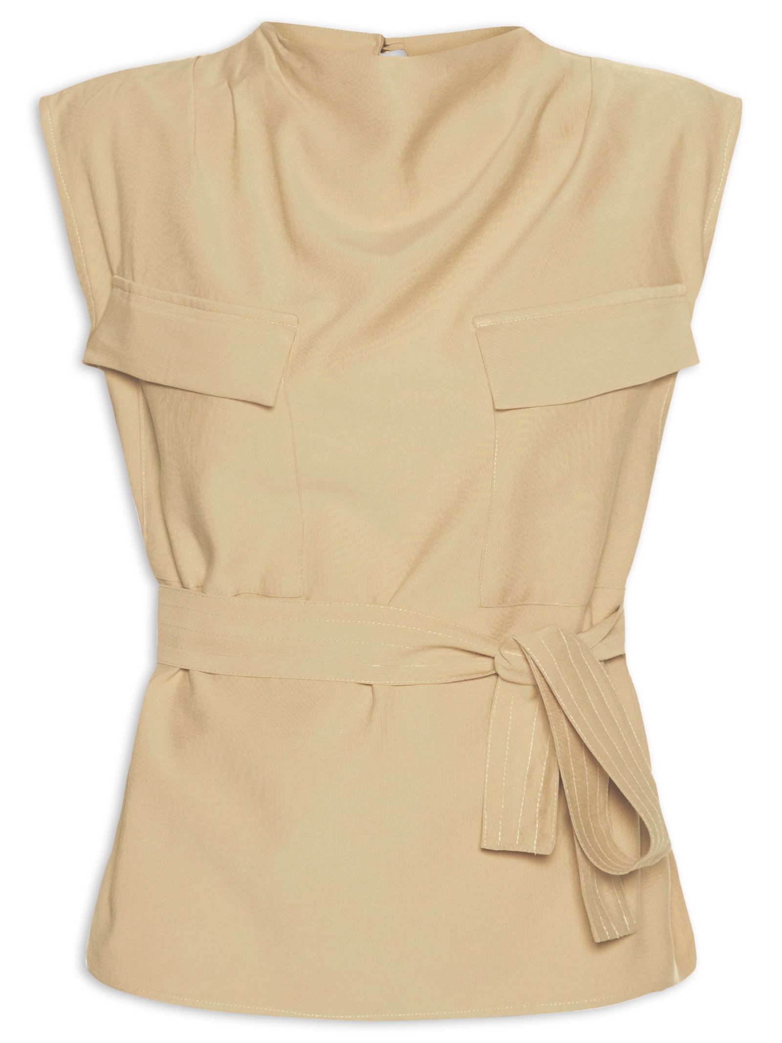 Blusa Feminina Com Bolsos Frontais E Cinto Para Amarração Bege '2Essential