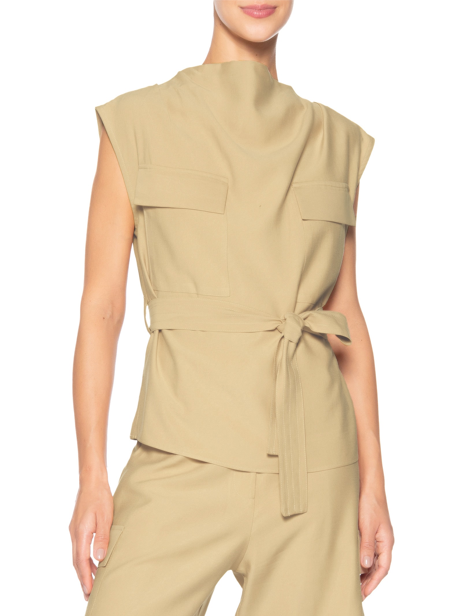 Blusa Feminina Com Bolsos Frontais E Cinto Para Amarração Bege '2Essential