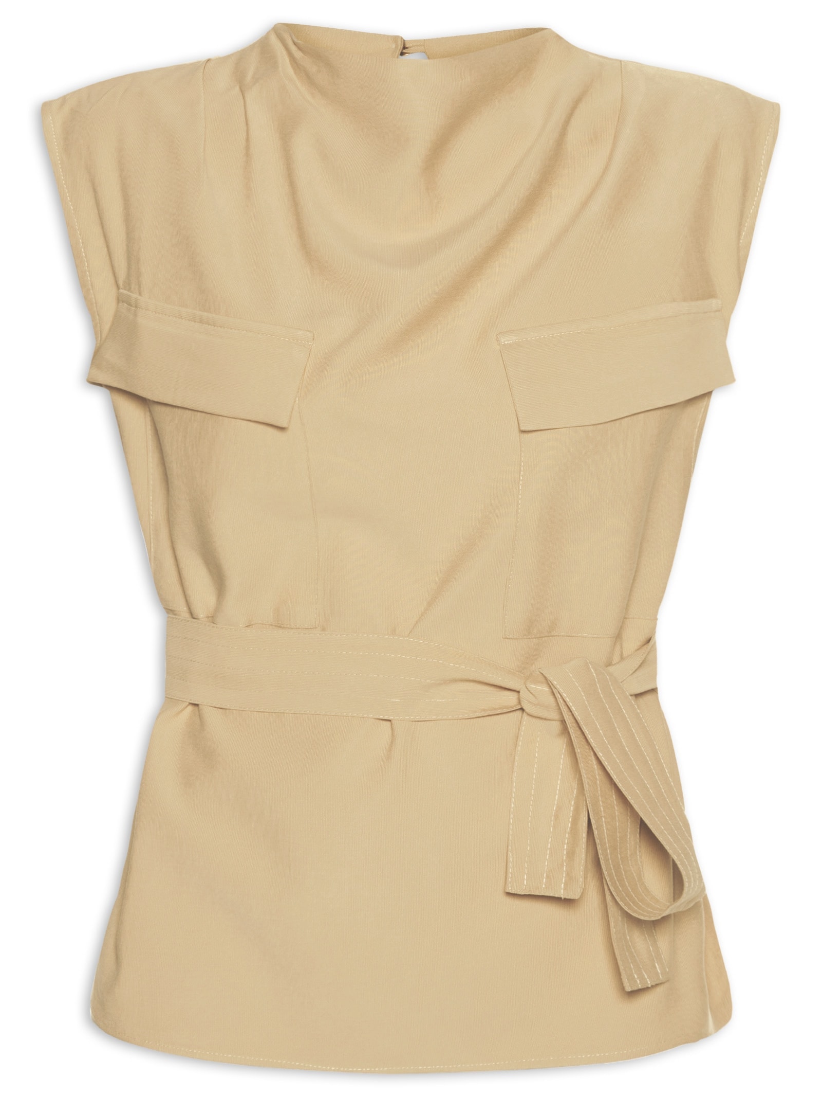 Blusa Feminina Com Bolsos Frontais E Cinto Para Amarração Bege '2Essential