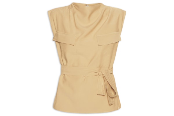 Blusa Feminina Com Bolsos Frontais E Cinto Para Amarração - Bege