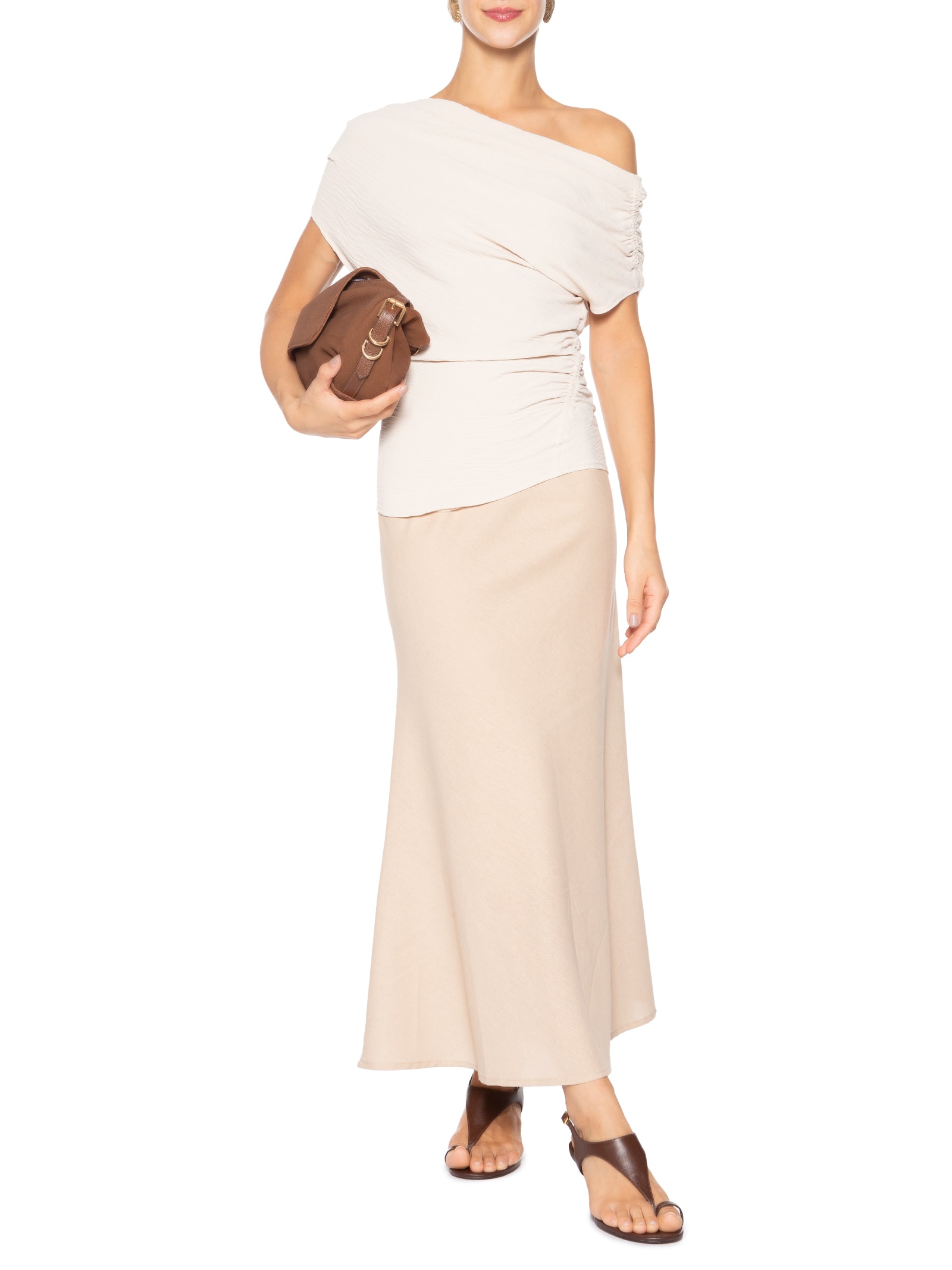 Blusa Feminina Com Decote Assimétrico E Franzidos Laterais Bege '2Essential