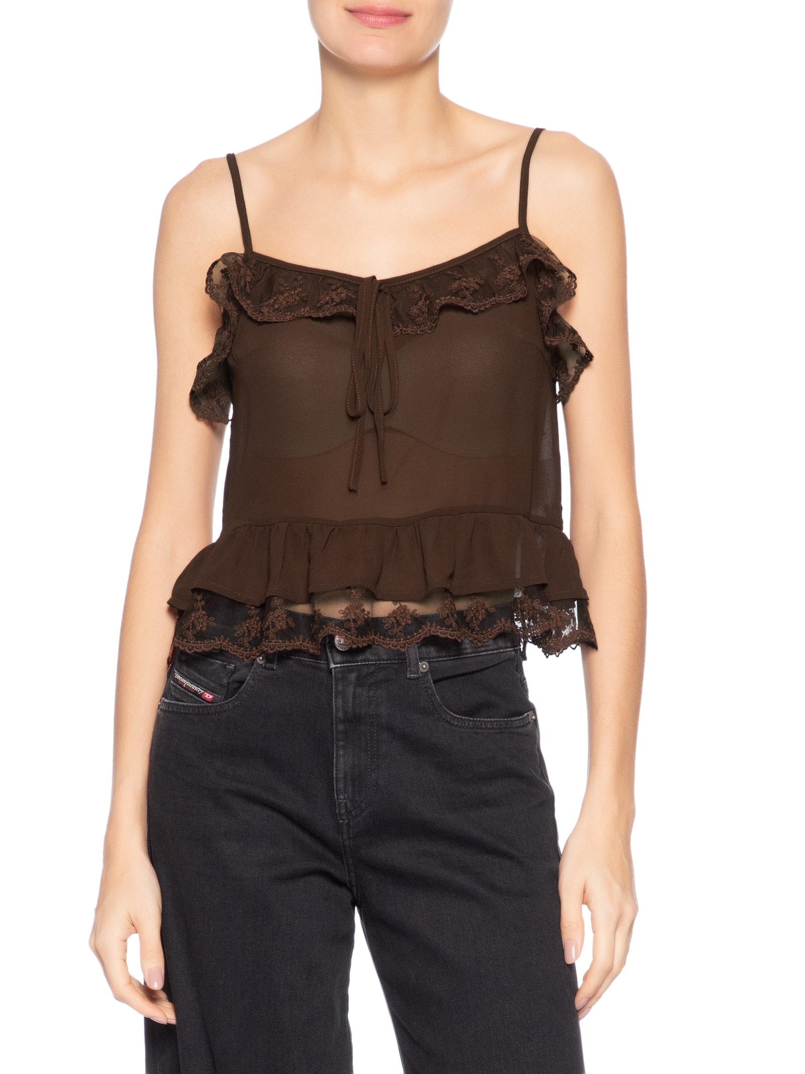 Blusa Feminina com Detalhes em Renda Marrom Market 33