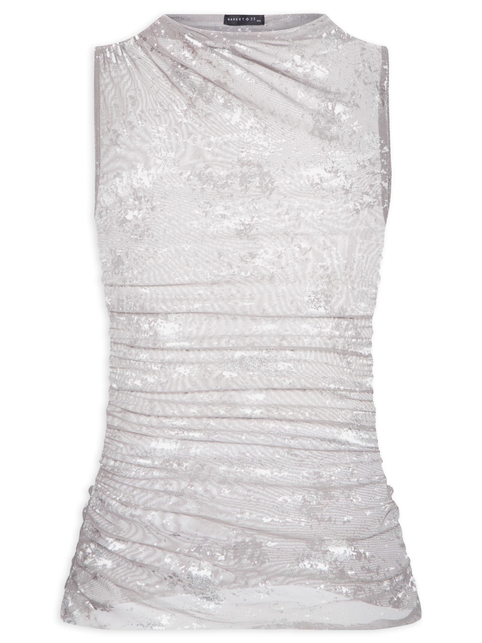 Blusa Feminina Com Drapeados E Detalhes Em Foil Cinza Market 33