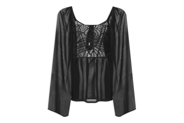 Blusa Feminina Com Manga Ampla E Pala De Renda - Preto
