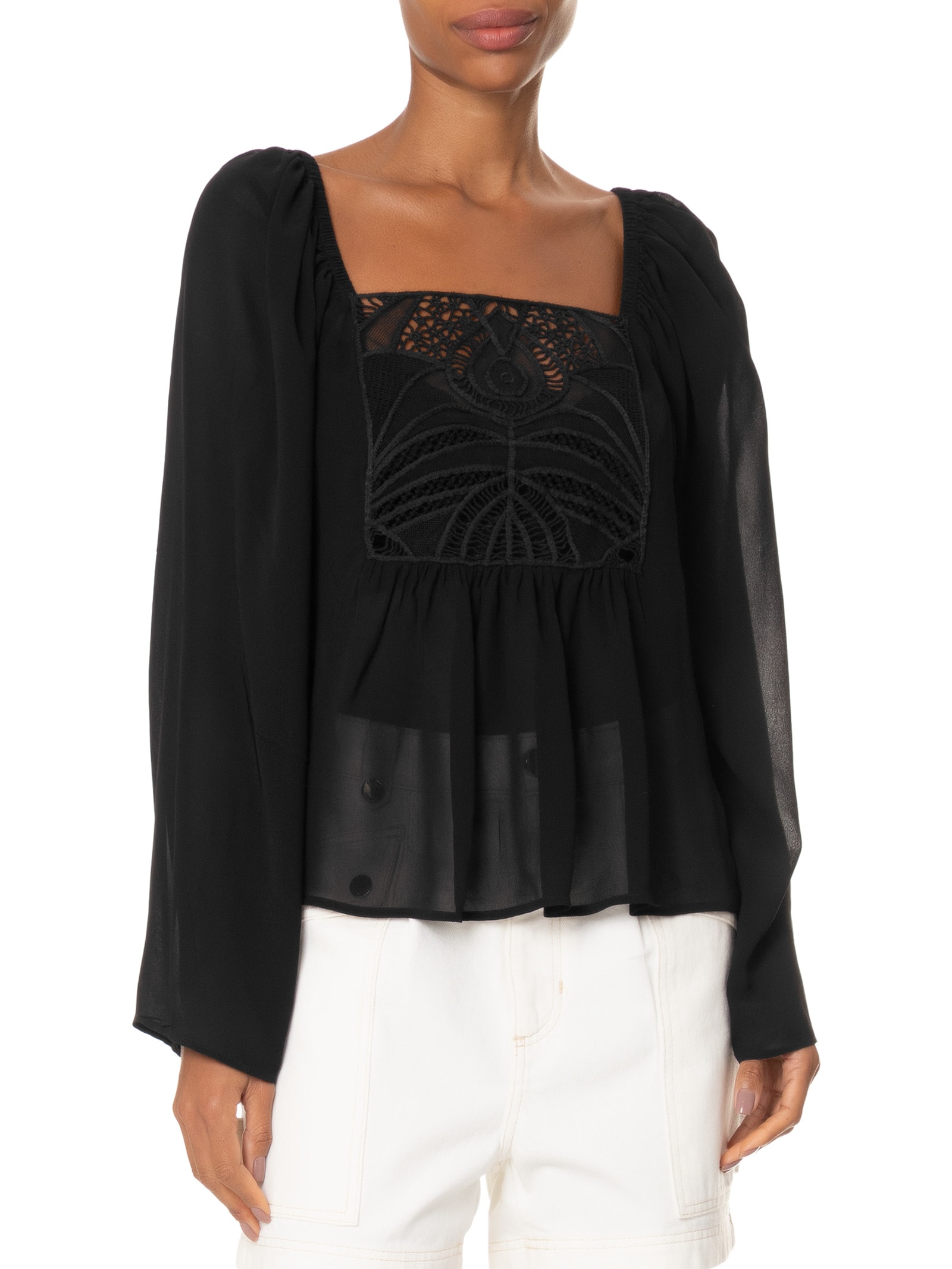 Blusa Feminina Com Manga Ampla E Pala De Renda Preto Animale