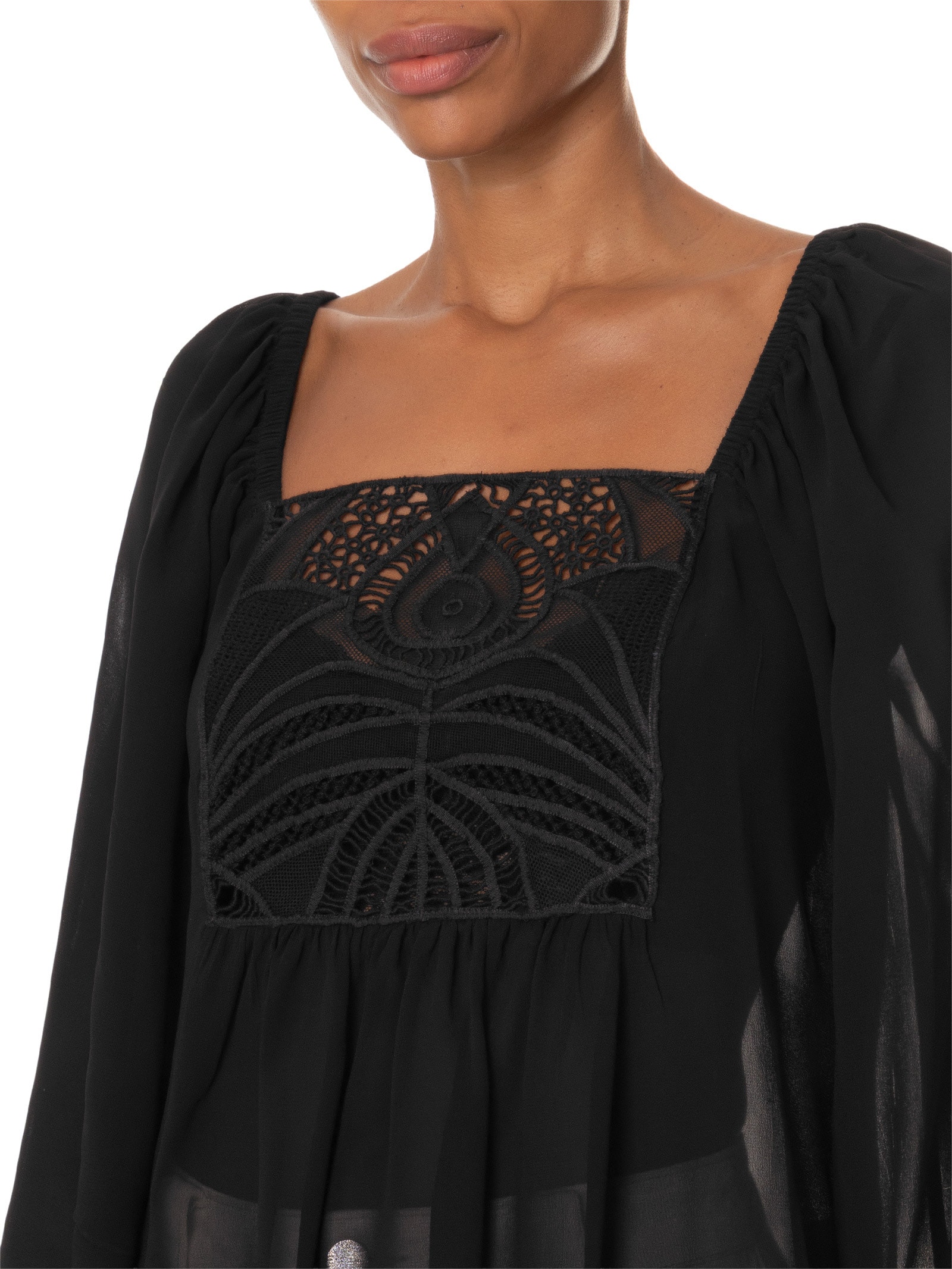 Blusa Feminina Com Manga Ampla E Pala De Renda Preto Animale