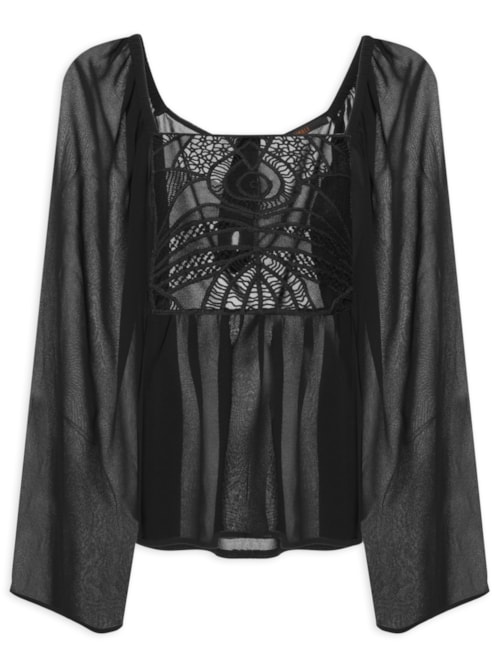 Blusa Feminina Com Manga Ampla E Pala De Renda – Preto