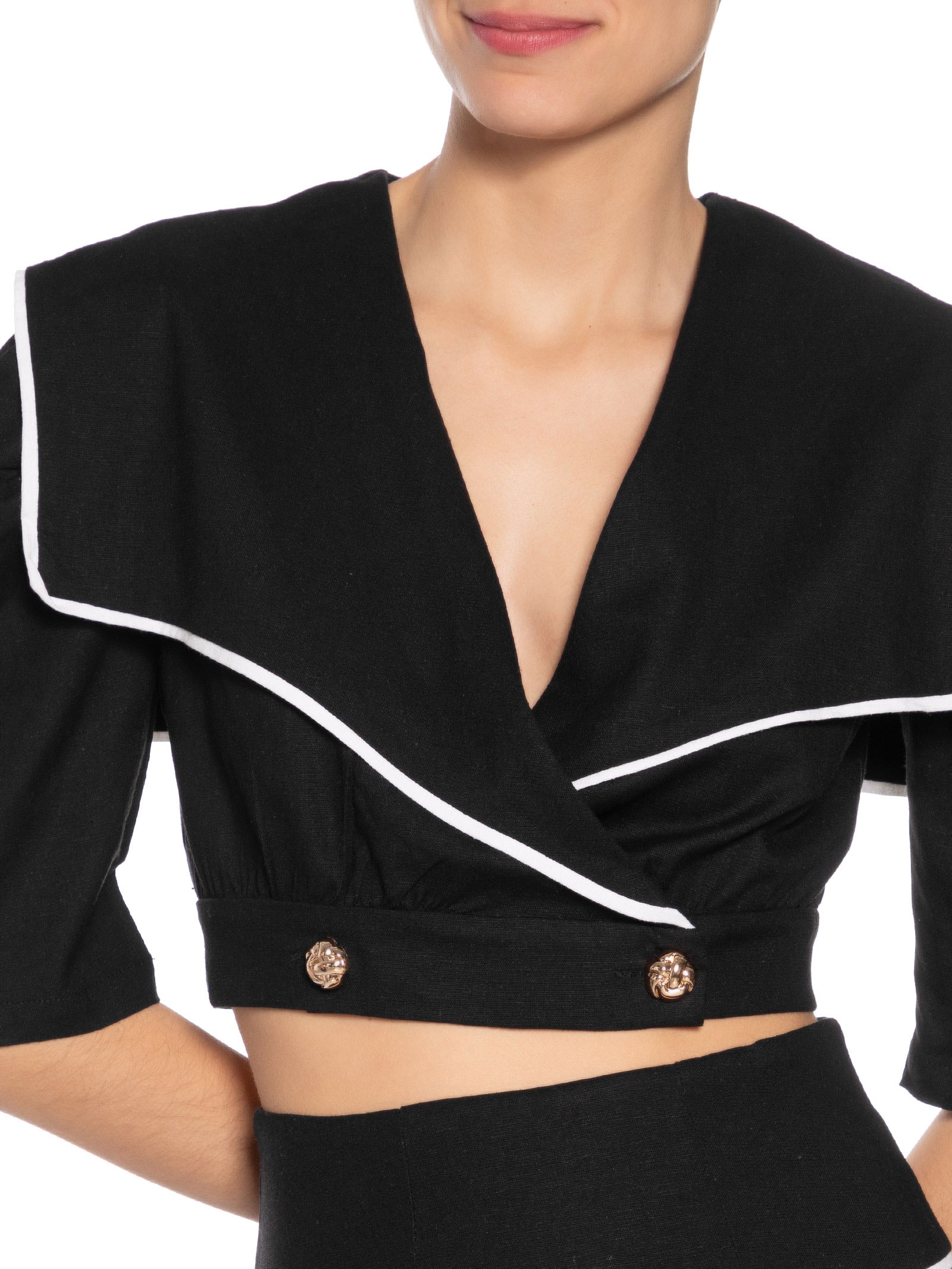 Blusa Feminina Com Pala Sobreposta Em Linho Misto Preto '2Essential