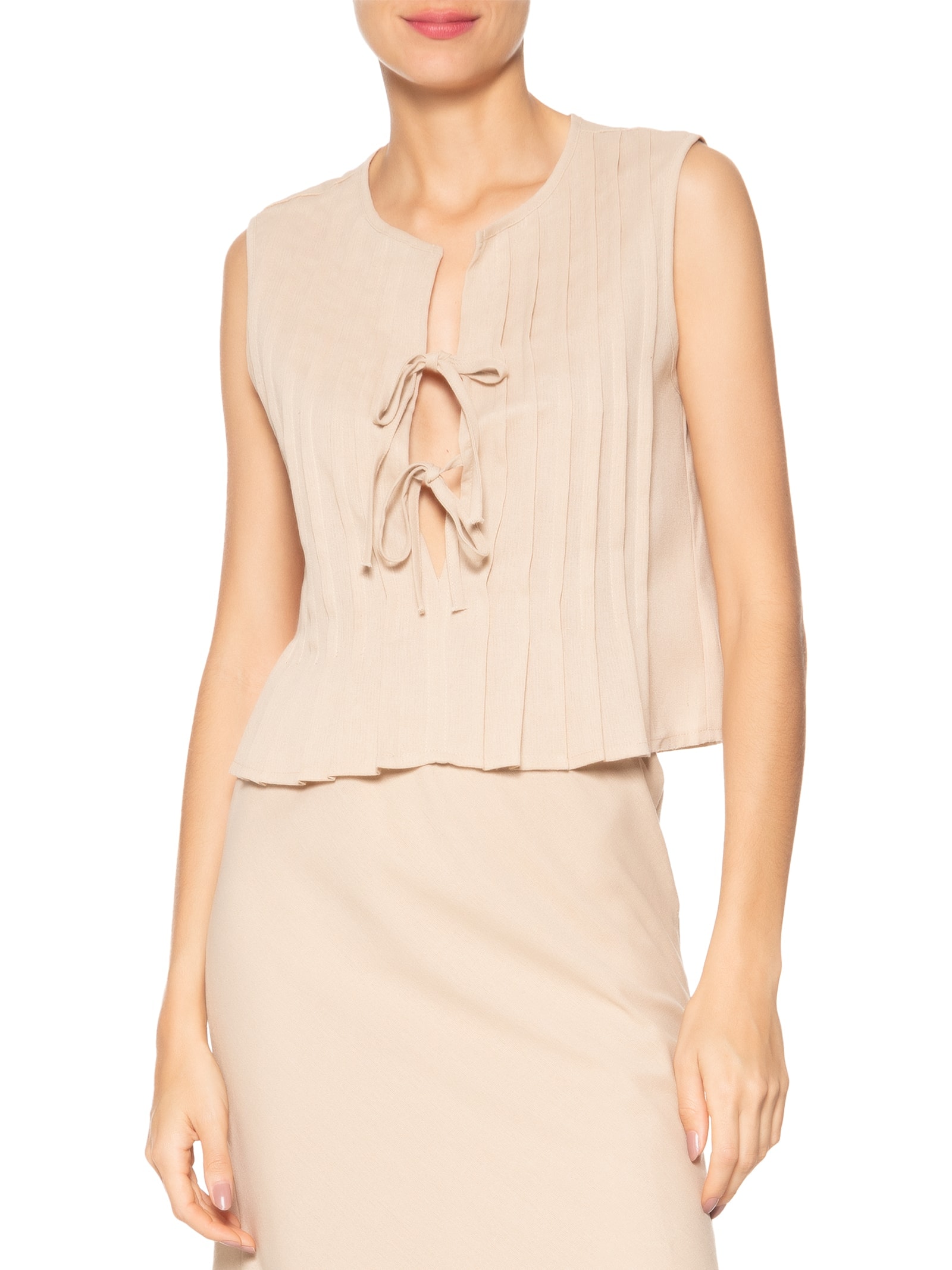 Blusa Feminina Com Pregas E Amarração Frontal Bege '2Essential