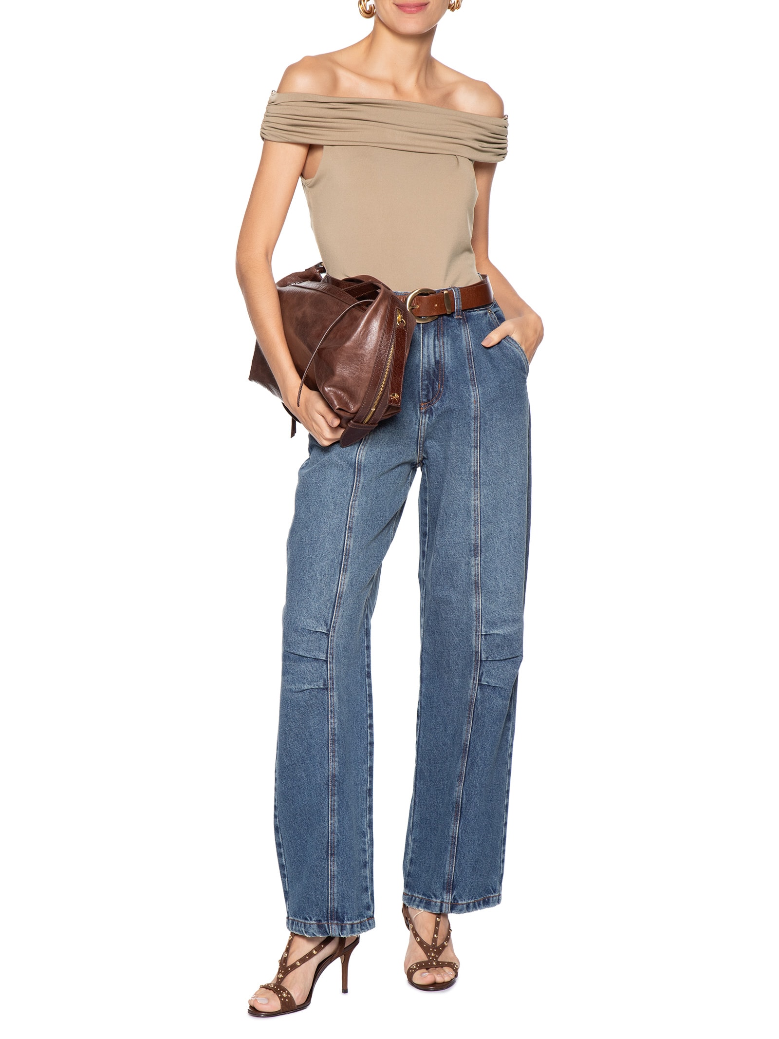 Blusa Feminina Com Sobreposição Plissada Bege Market 33