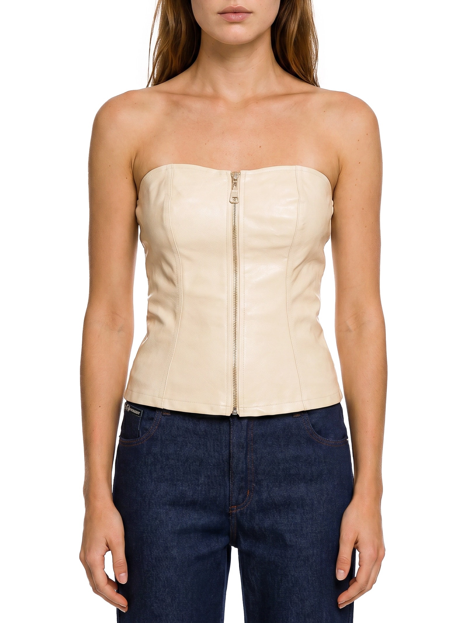 Blusa Feminina Corset de PU com Zíper Bege My Favorite