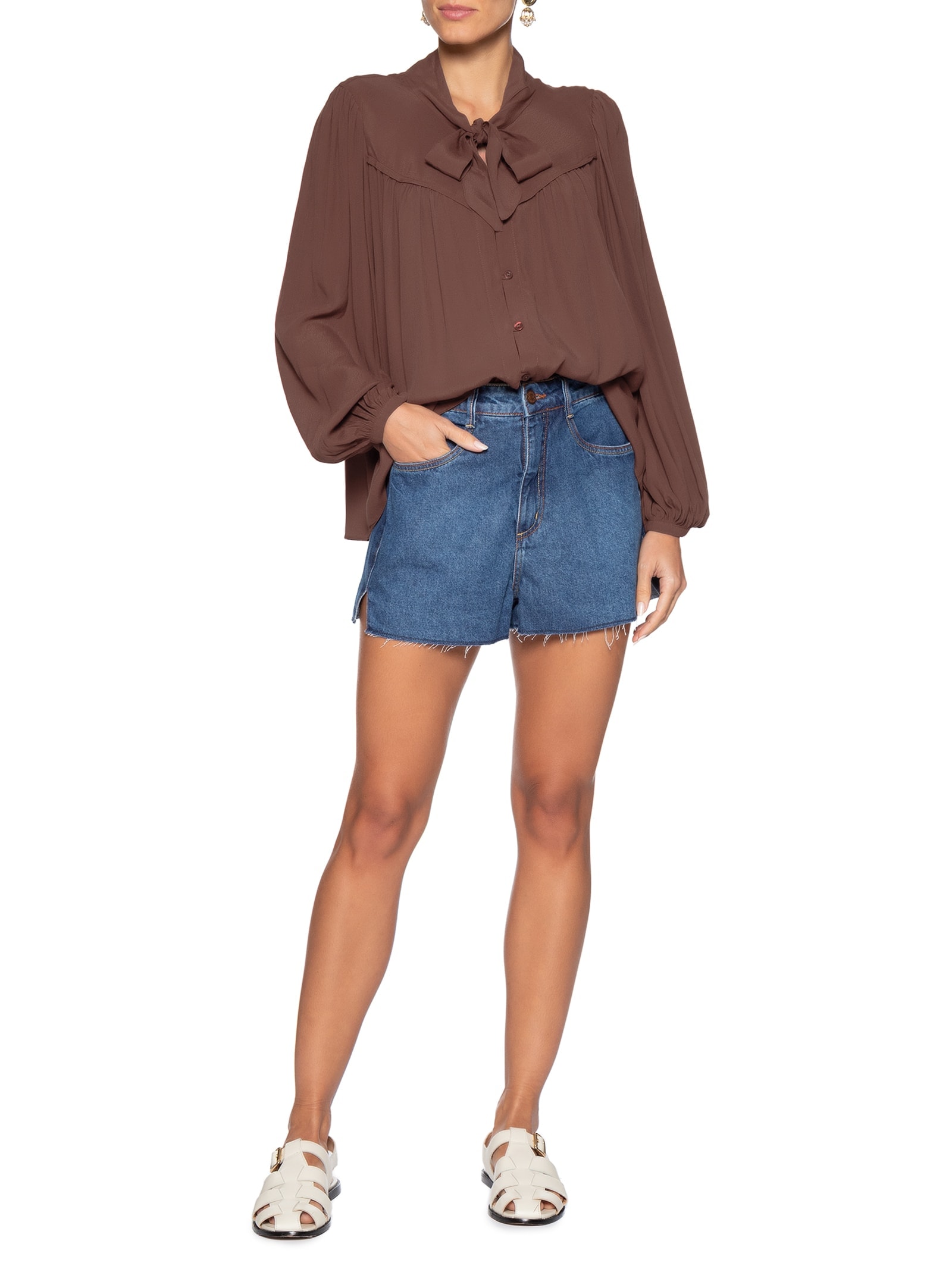 Blusa Feminina Crepe Pregas Pala Frente Marrom Dress To