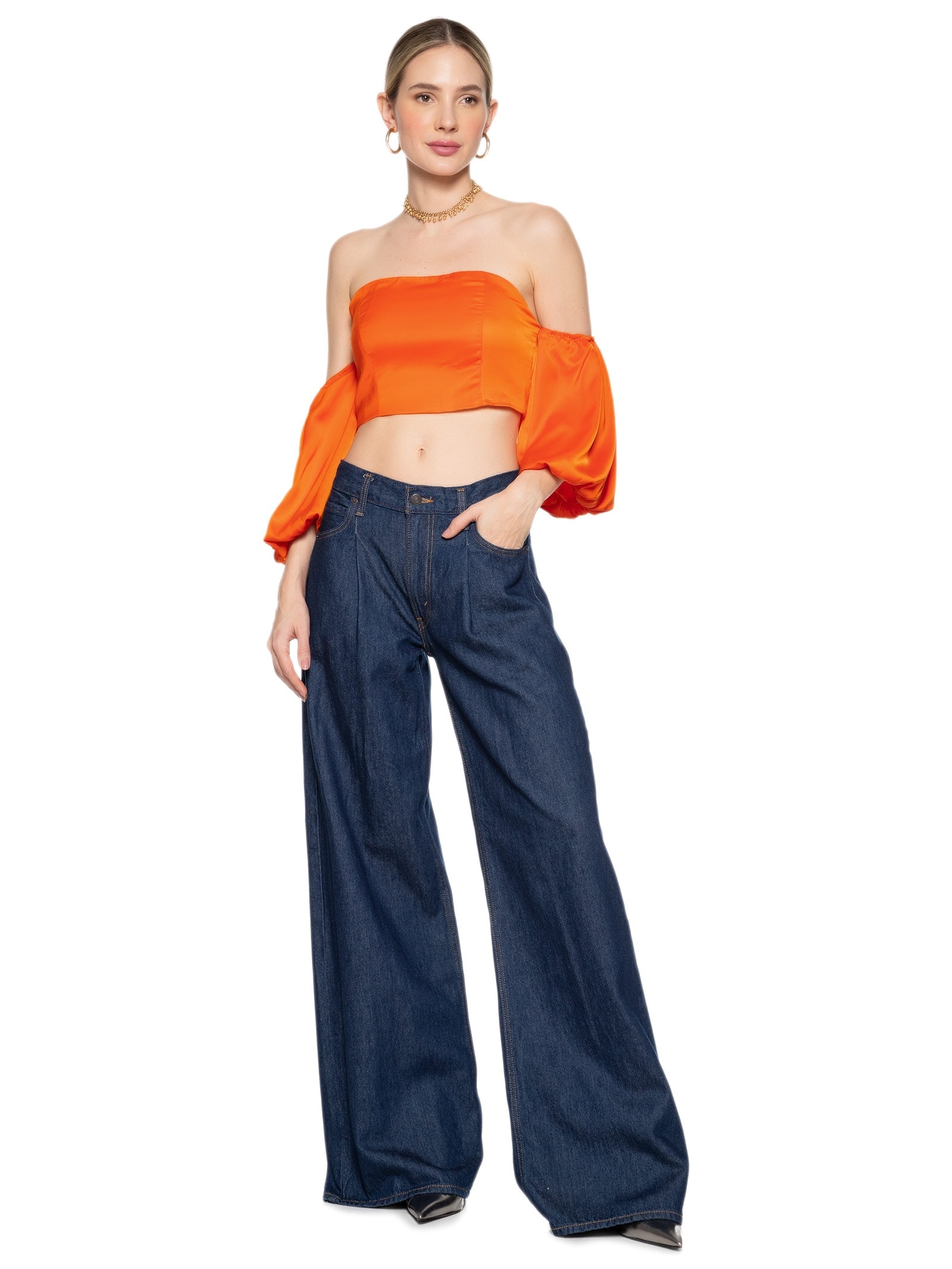 Blusa Feminina Cropped Acetinado Com Manga Bufante Laranja Market 33