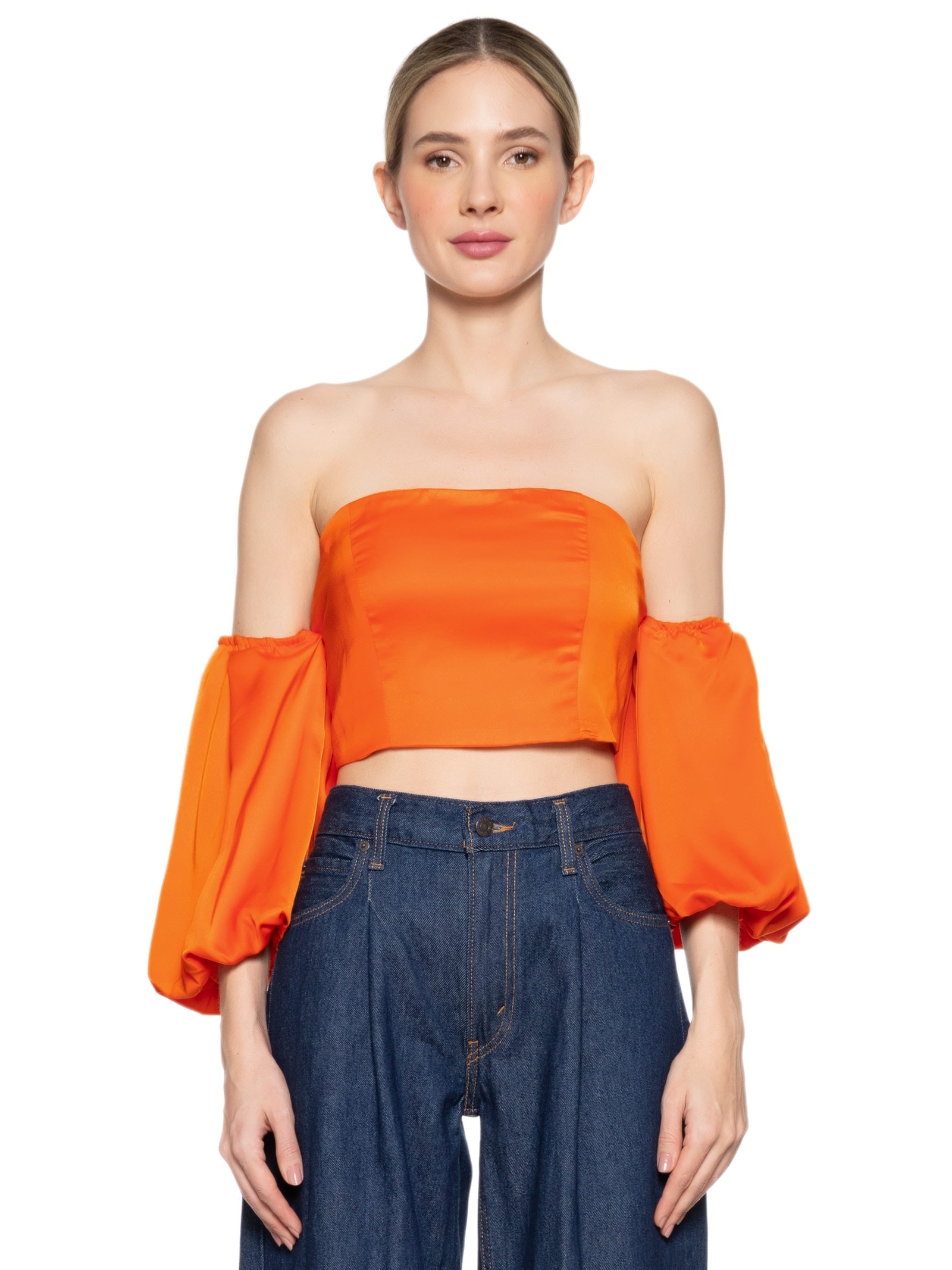 Blusa Feminina Cropped Acetinado Com Manga Bufante Laranja Market 33