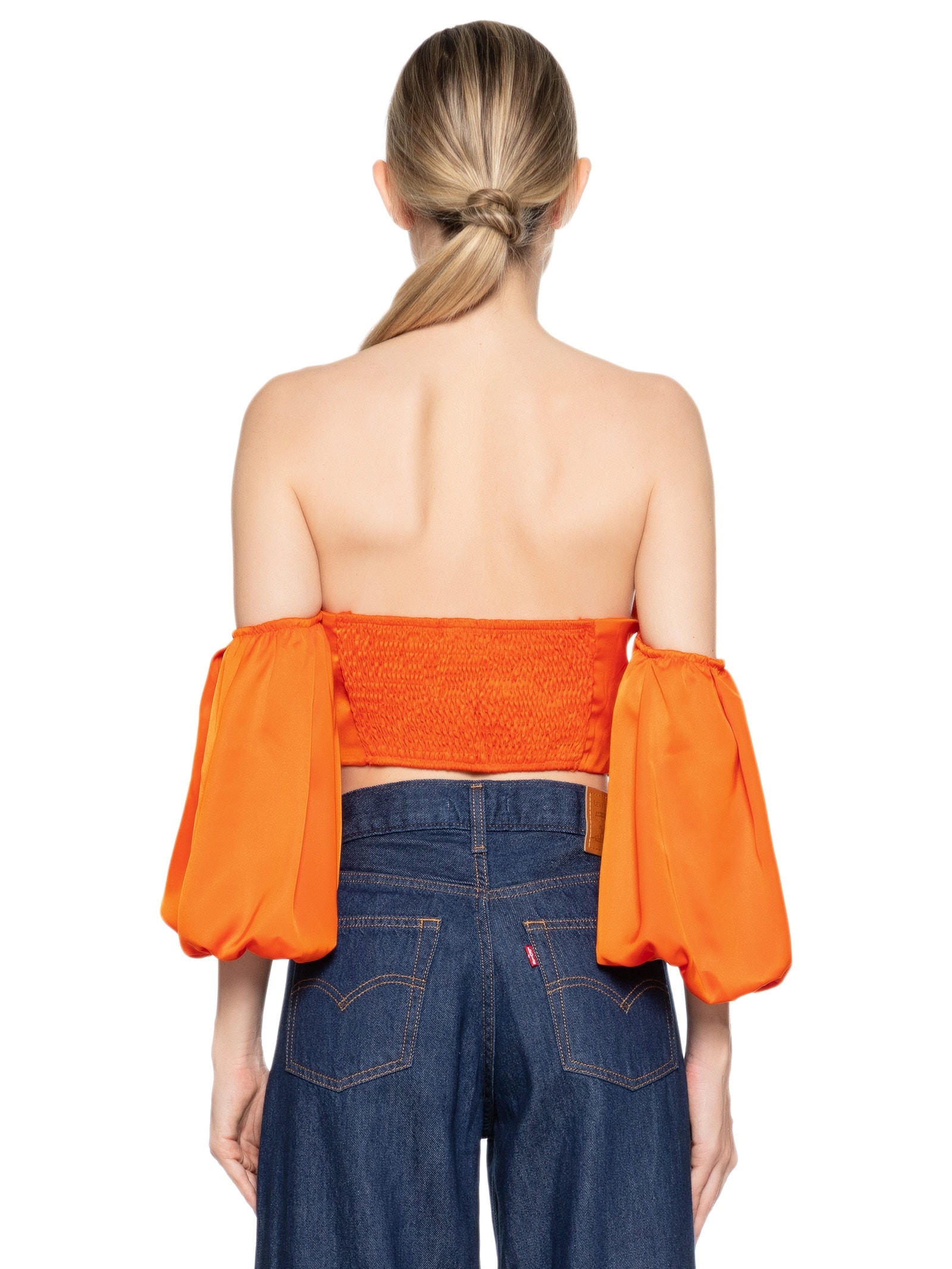 Blusa Feminina Cropped Acetinado Com Manga Bufante Laranja Market 33