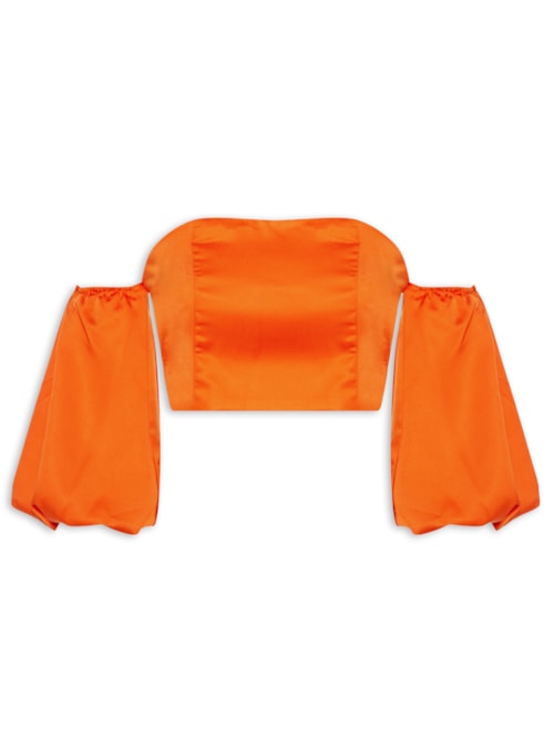 Blusa Feminina Cropped Acetinado Com Manga Bufante – Laranja