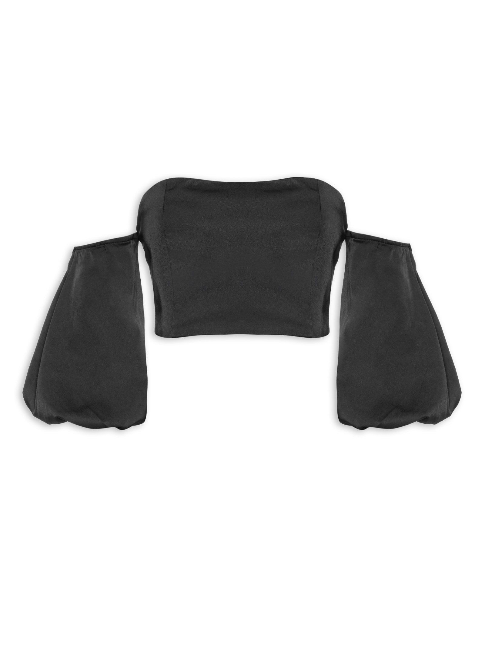 Blusa Feminina Cropped Acetinado Com Manga Bufante Preto Market 33