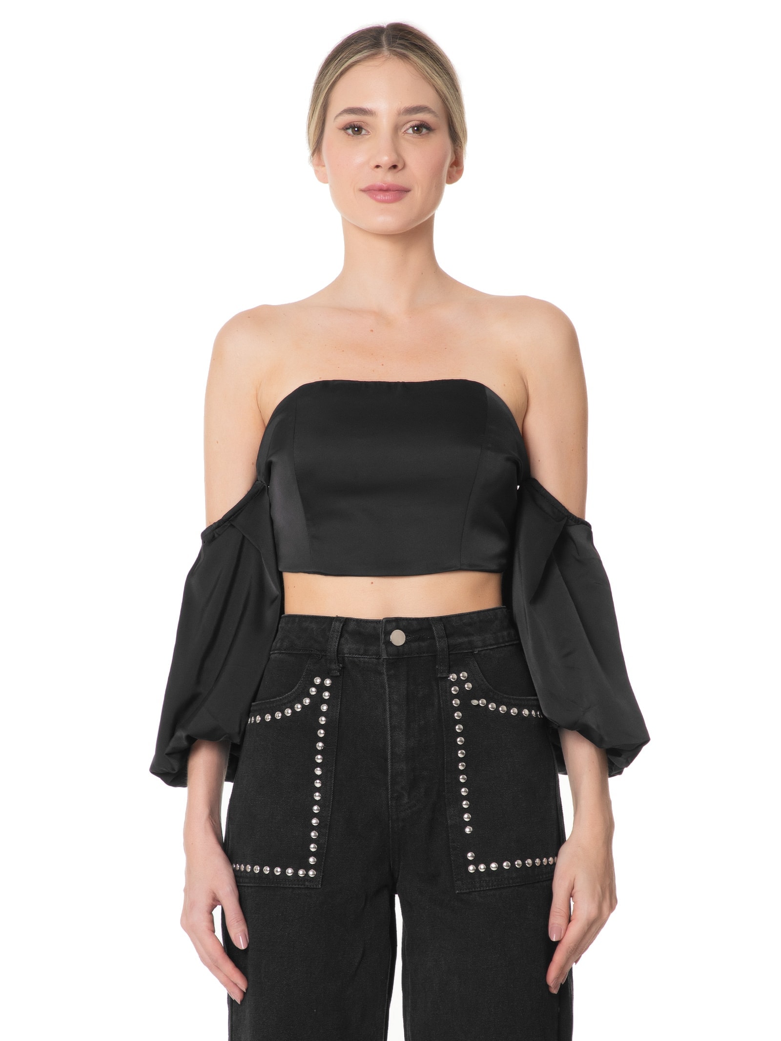 Blusa Feminina Cropped Acetinado Com Manga Bufante Preto Market 33