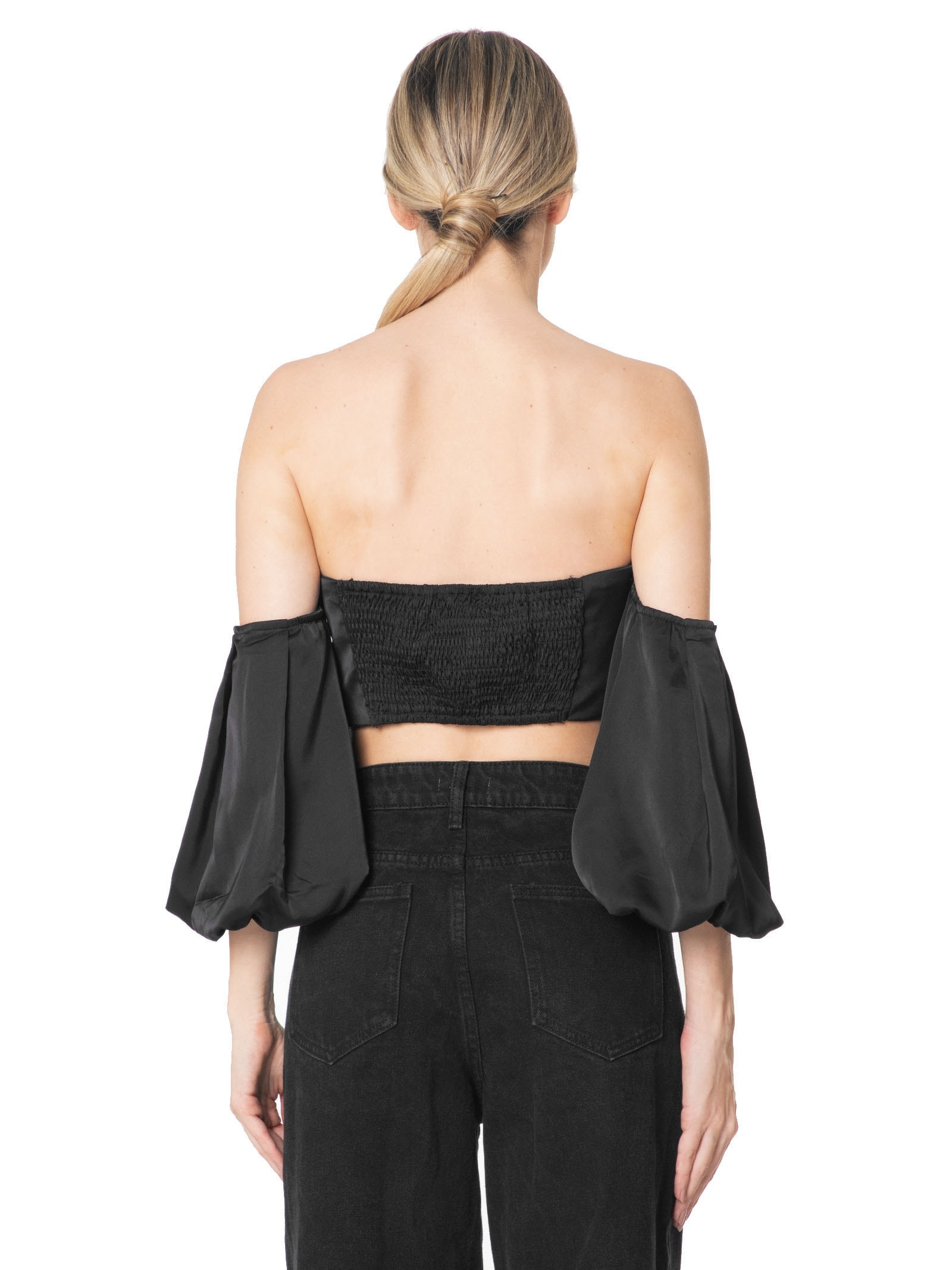 Blusa Feminina Cropped Acetinado Com Manga Bufante Preto Market 33