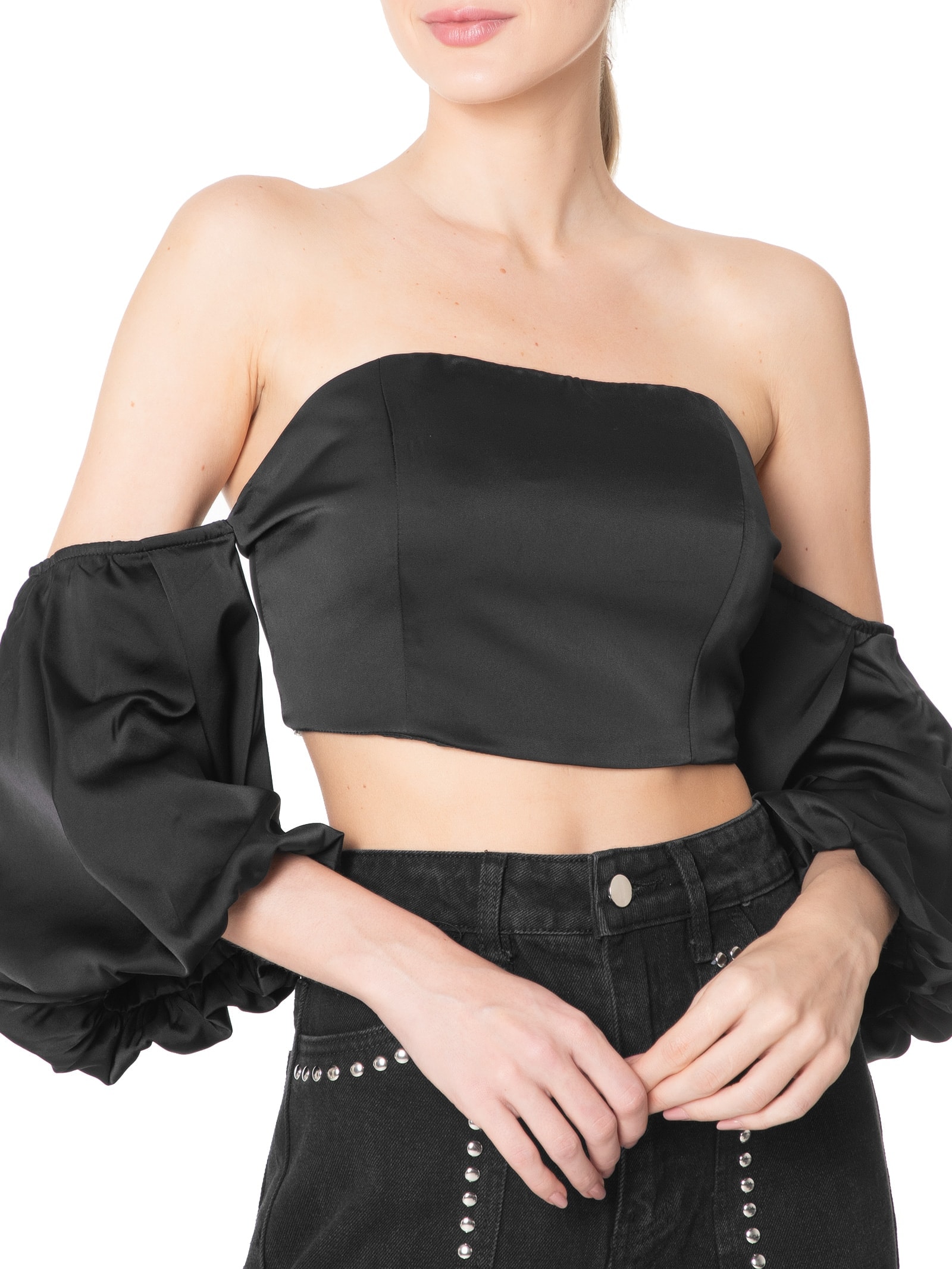 Blusa Feminina Cropped Acetinado Com Manga Bufante Preto Market 33