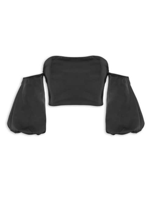 Blusa Feminina Cropped Acetinado Com Manga Bufante - Preto