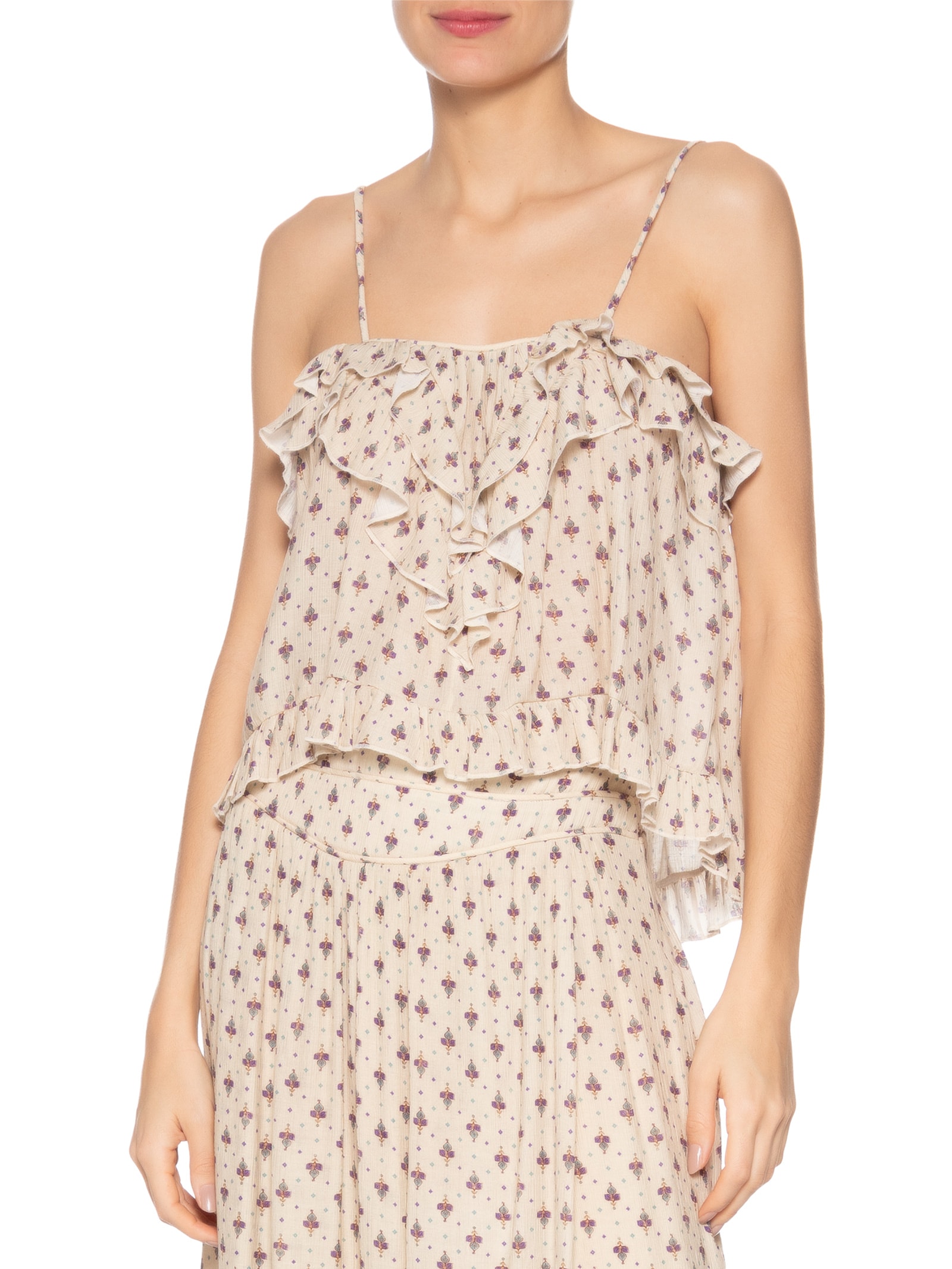 Blusa Feminina Cropped Babados Estampa Zaz Bege Maria Filó