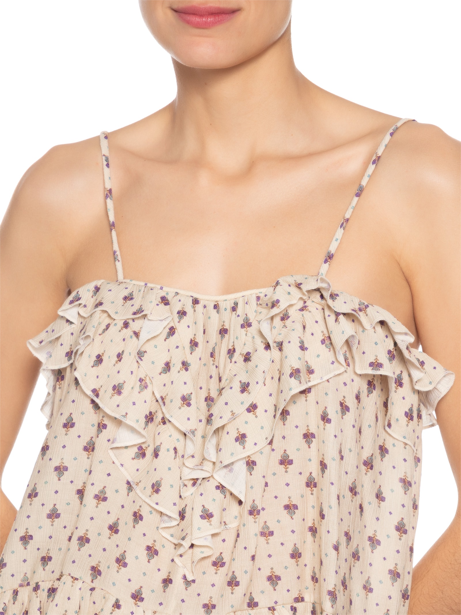 Blusa Feminina Cropped Babados Estampa Zaz Bege Maria Filó
