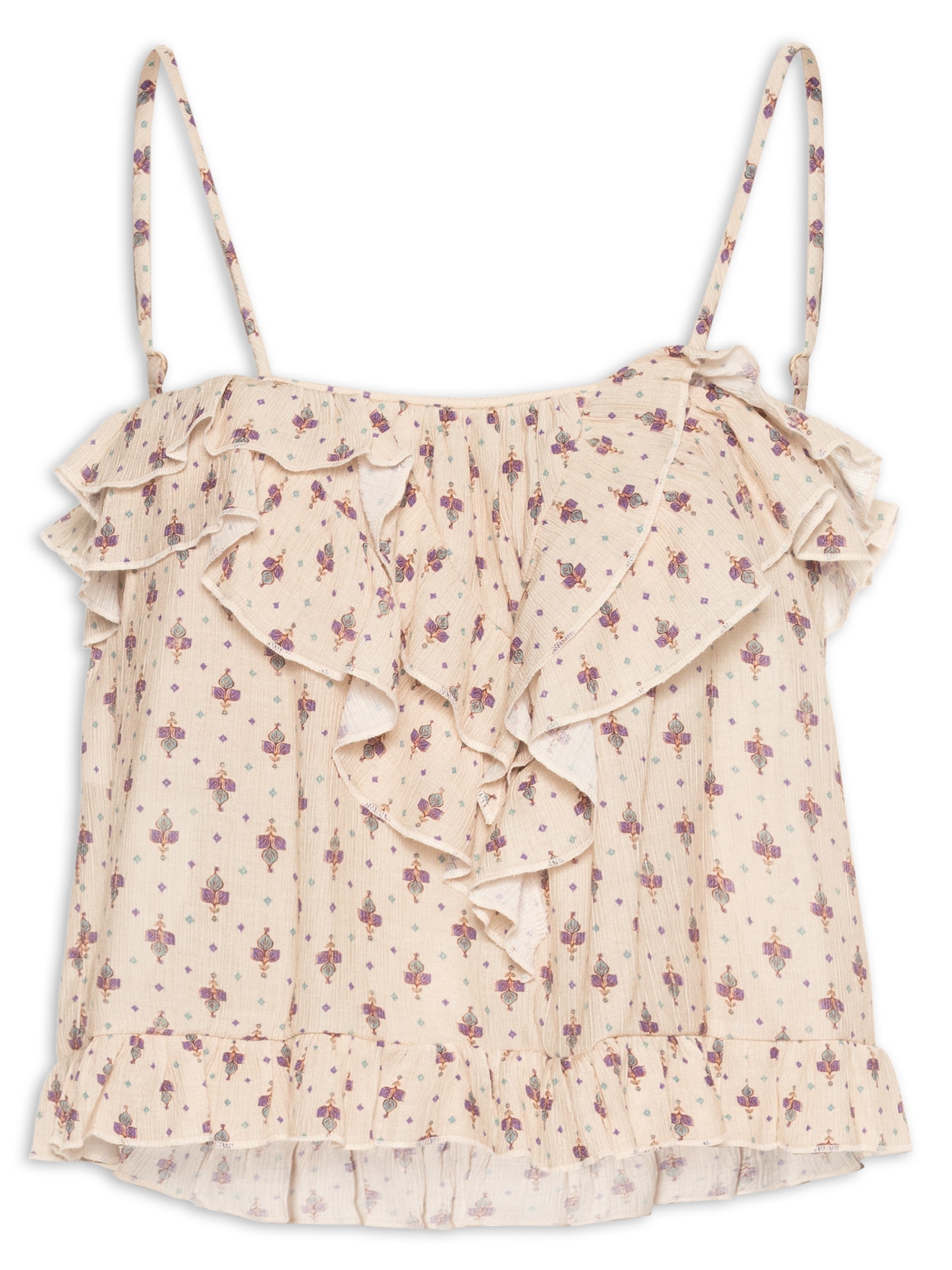 Blusa Feminina Cropped Babados Estampa Zaz Bege Maria Filó