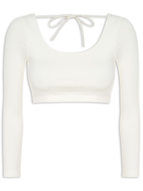 Blusa Feminina Cropped Canelada Decote U - Off White