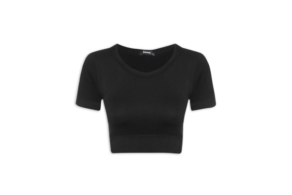 Blusa Feminina Cropped Canelada Gola Redonda - Preto