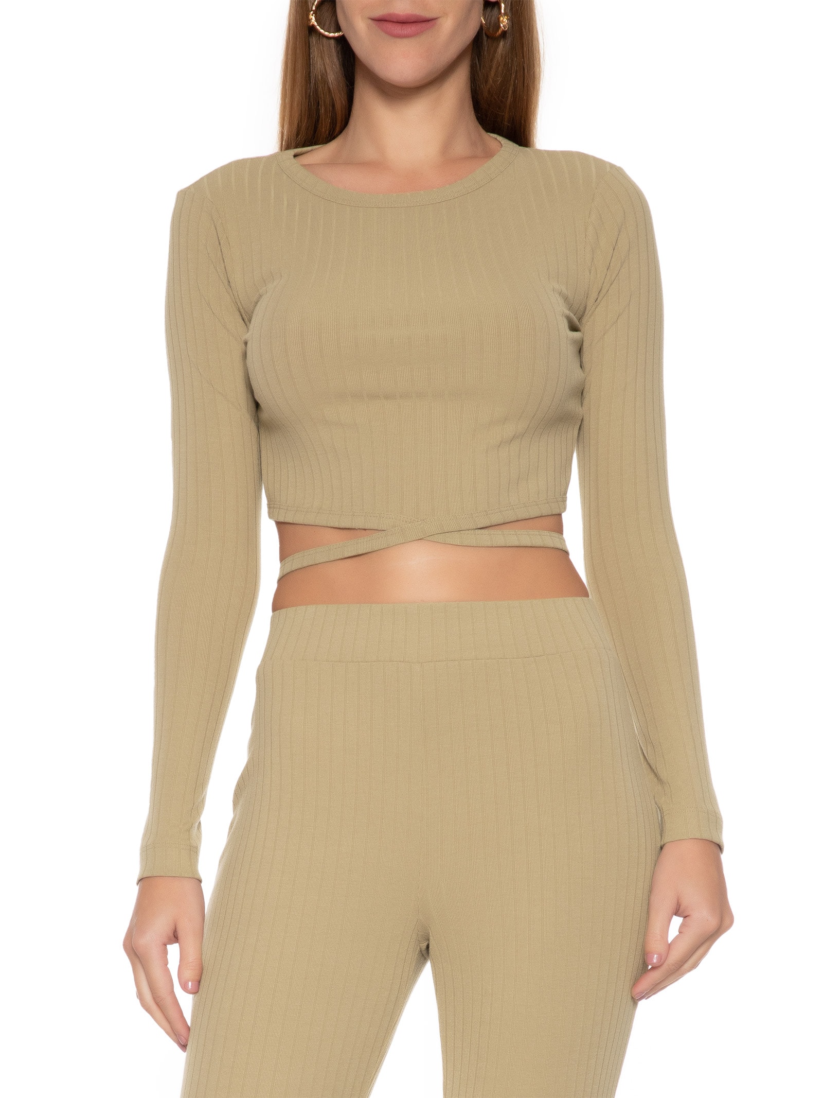 Blusa Feminina Cropped Canelada Manga Longa Com Amarração Bege Seiki