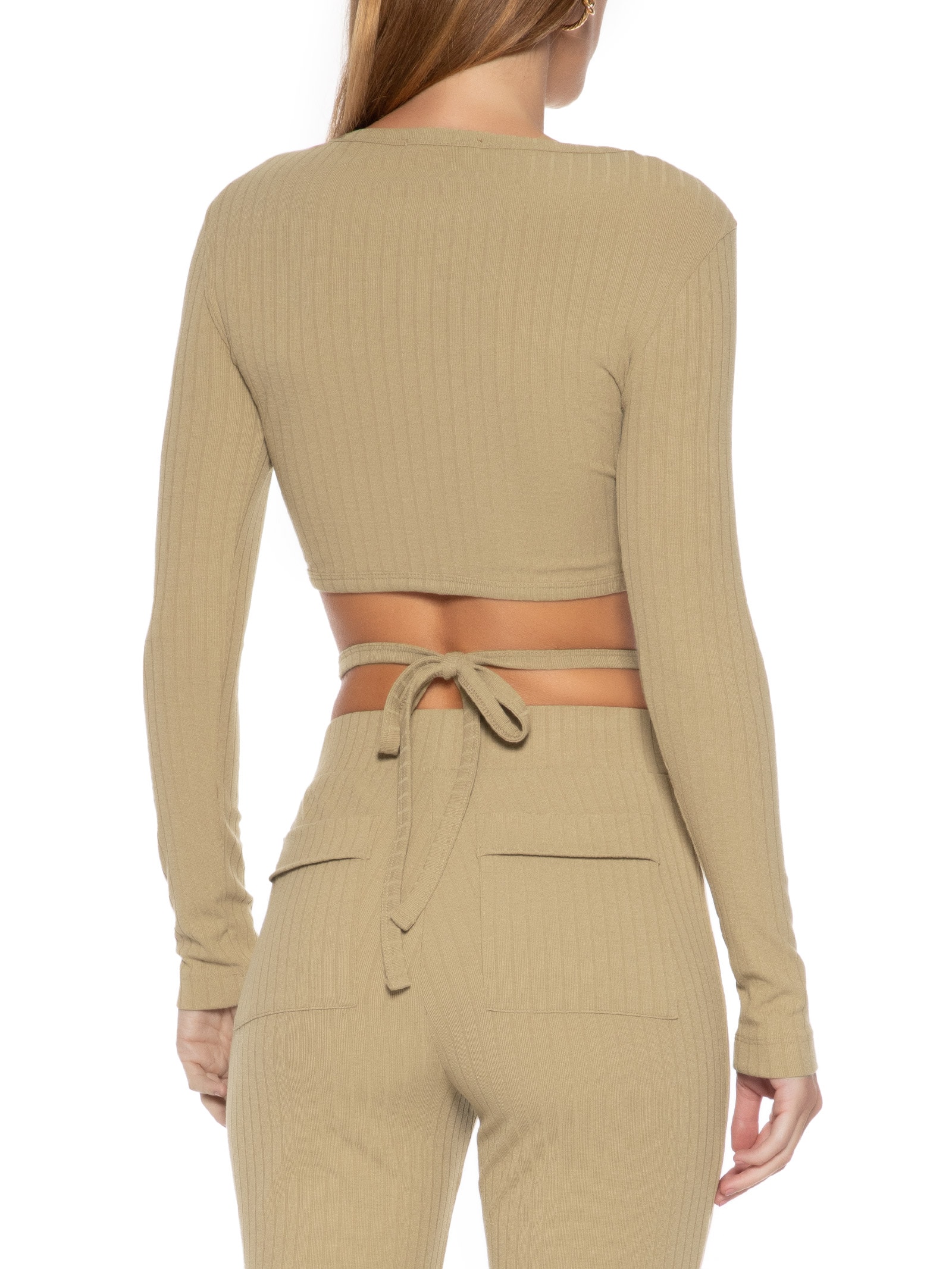 Blusa Feminina Cropped Canelada Manga Longa Com Amarração Bege Seiki